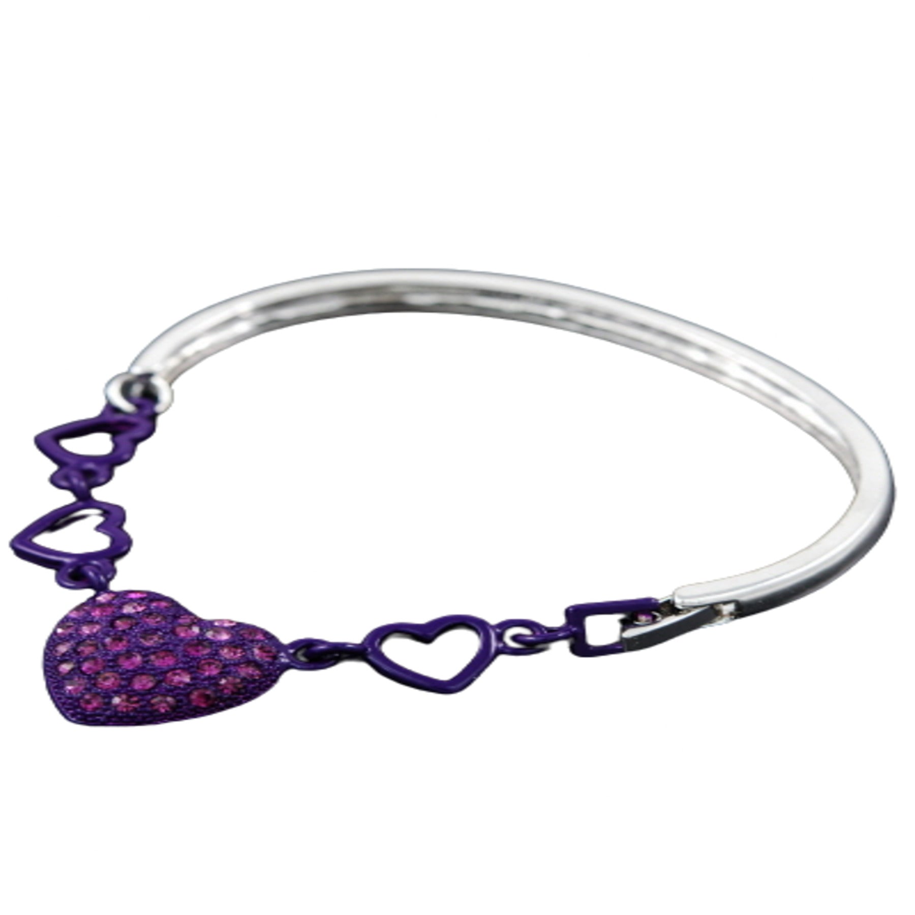 A beautiful studded heart bracelet with a double plated finish and a secure hinged clasp, showcasing a charming heart design.