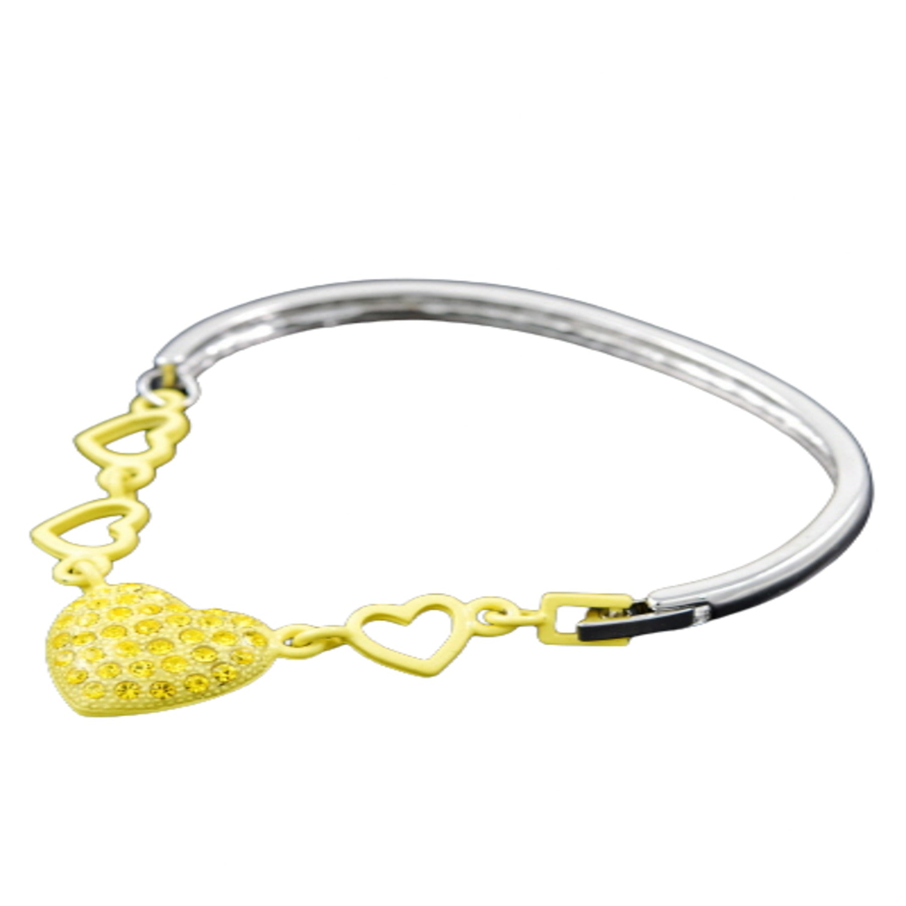 A beautiful studded heart bracelet with a double plated finish and a secure hinged clasp, showcasing a charming heart design.