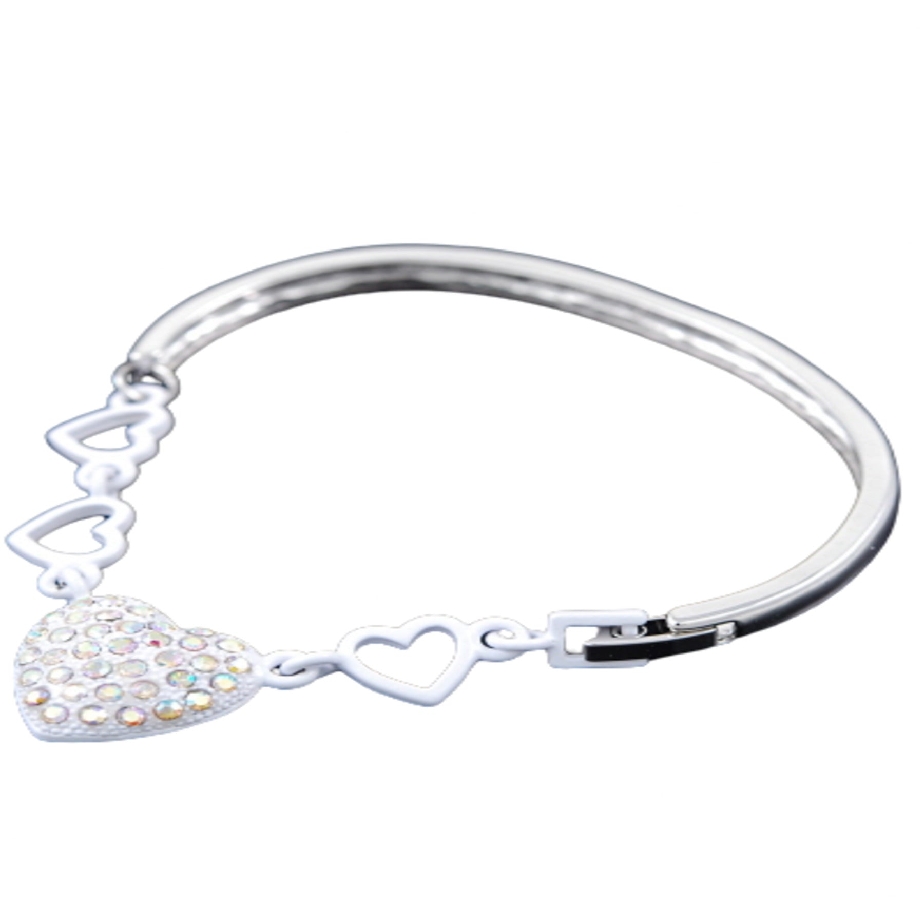 A beautiful studded heart bracelet with a double plated finish and a secure hinged clasp, showcasing a charming heart design.