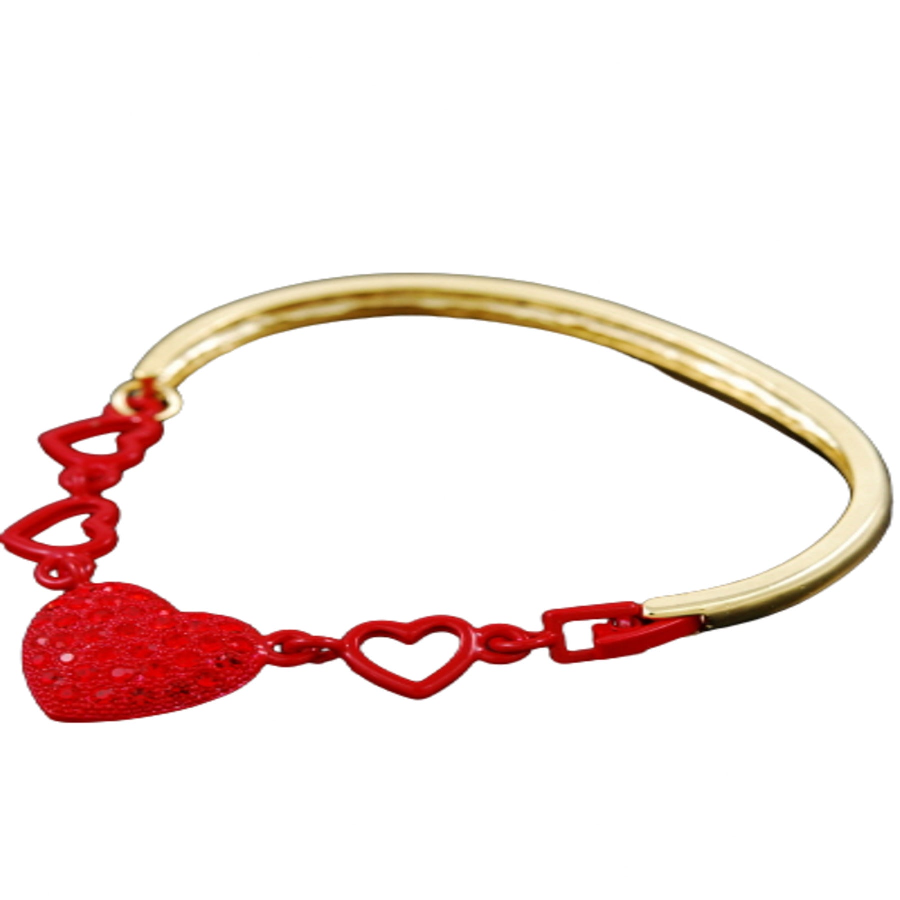 A beautiful studded heart bracelet with a double plated finish and a secure hinged clasp, showcasing a charming heart design.