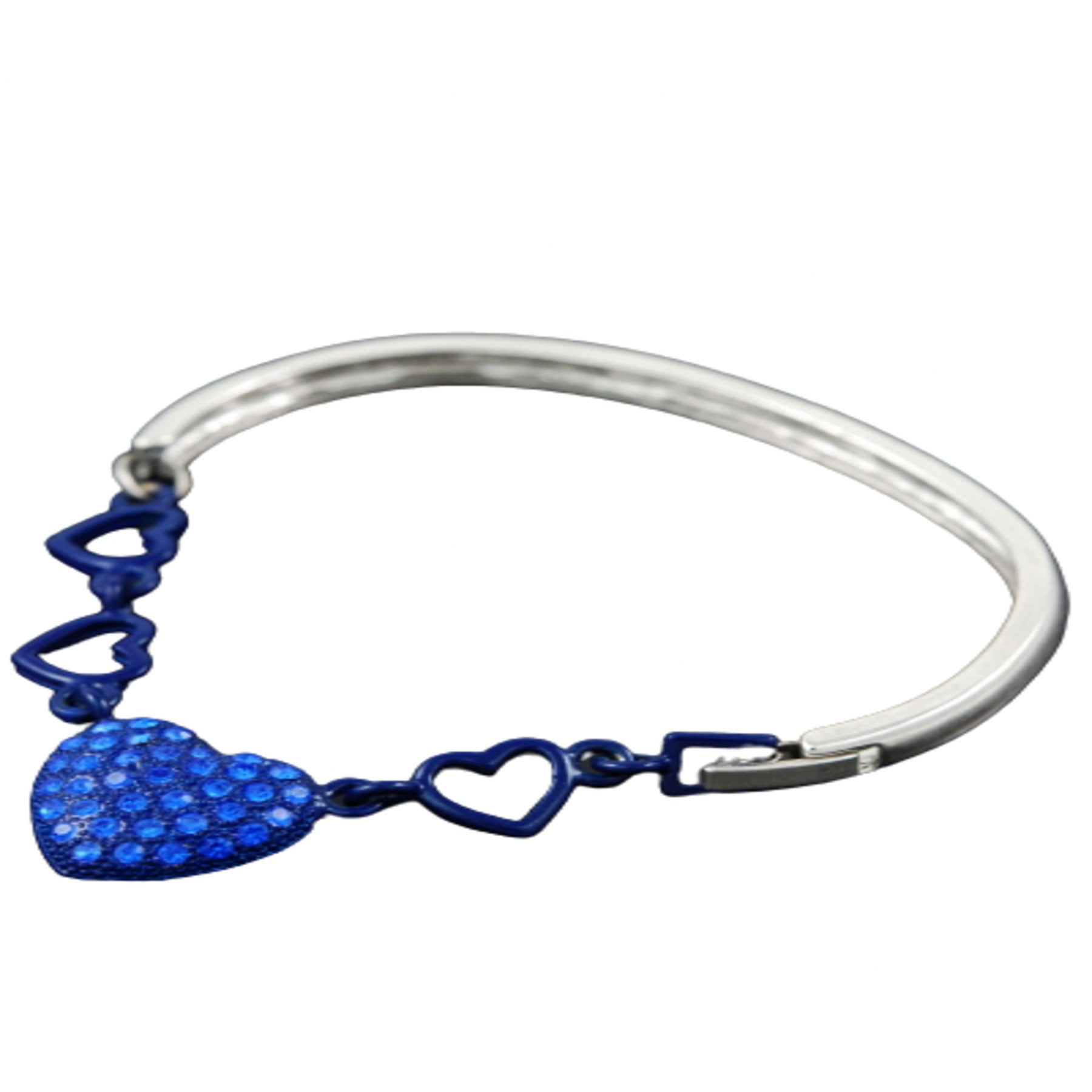 A beautiful studded heart bracelet with a double plated finish and a secure hinged clasp, showcasing a charming heart design.