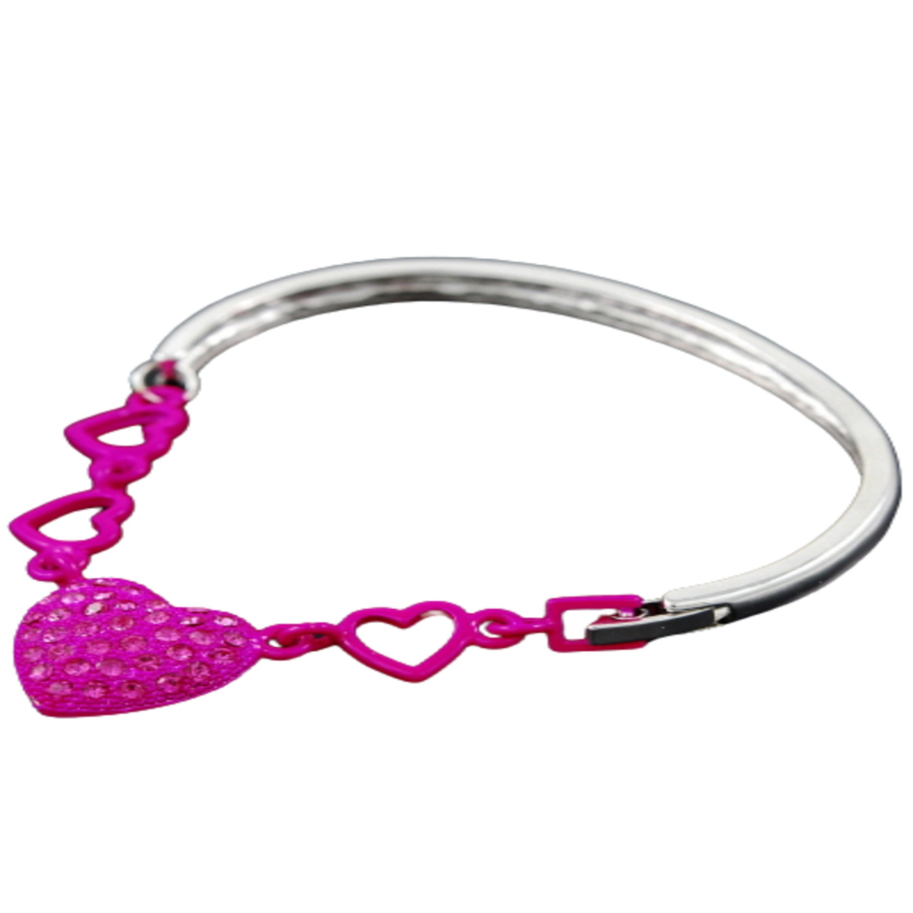 A beautiful studded heart bracelet with a double plated finish and a secure hinged clasp, showcasing a charming heart design.