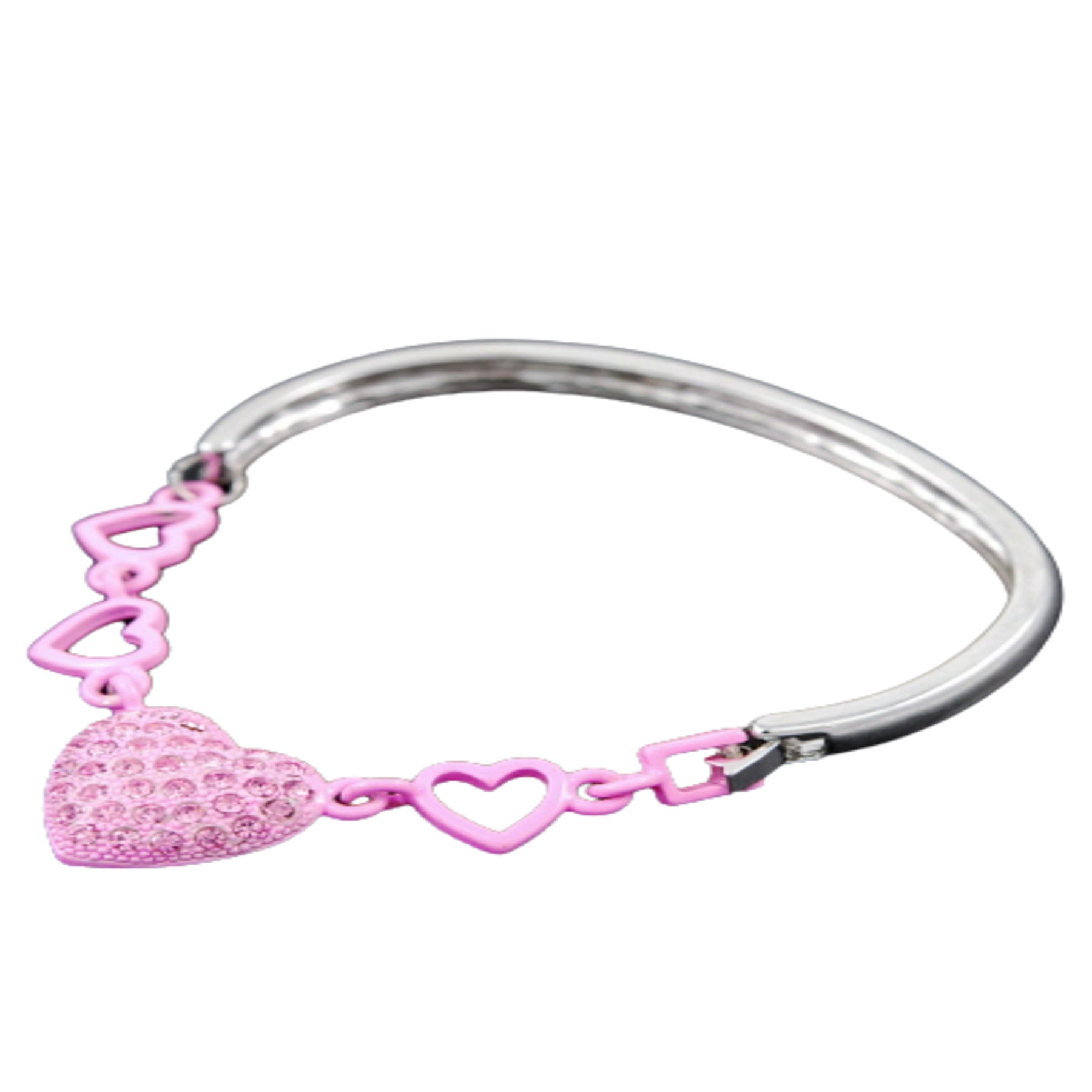 A beautiful studded heart bracelet with a double plated finish and a secure hinged clasp, showcasing a charming heart design.