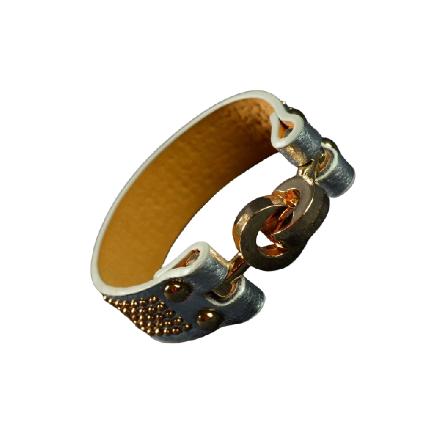 Stylish studded leather bracelet with double plating, showcasing a chic design suitable for various occasions.