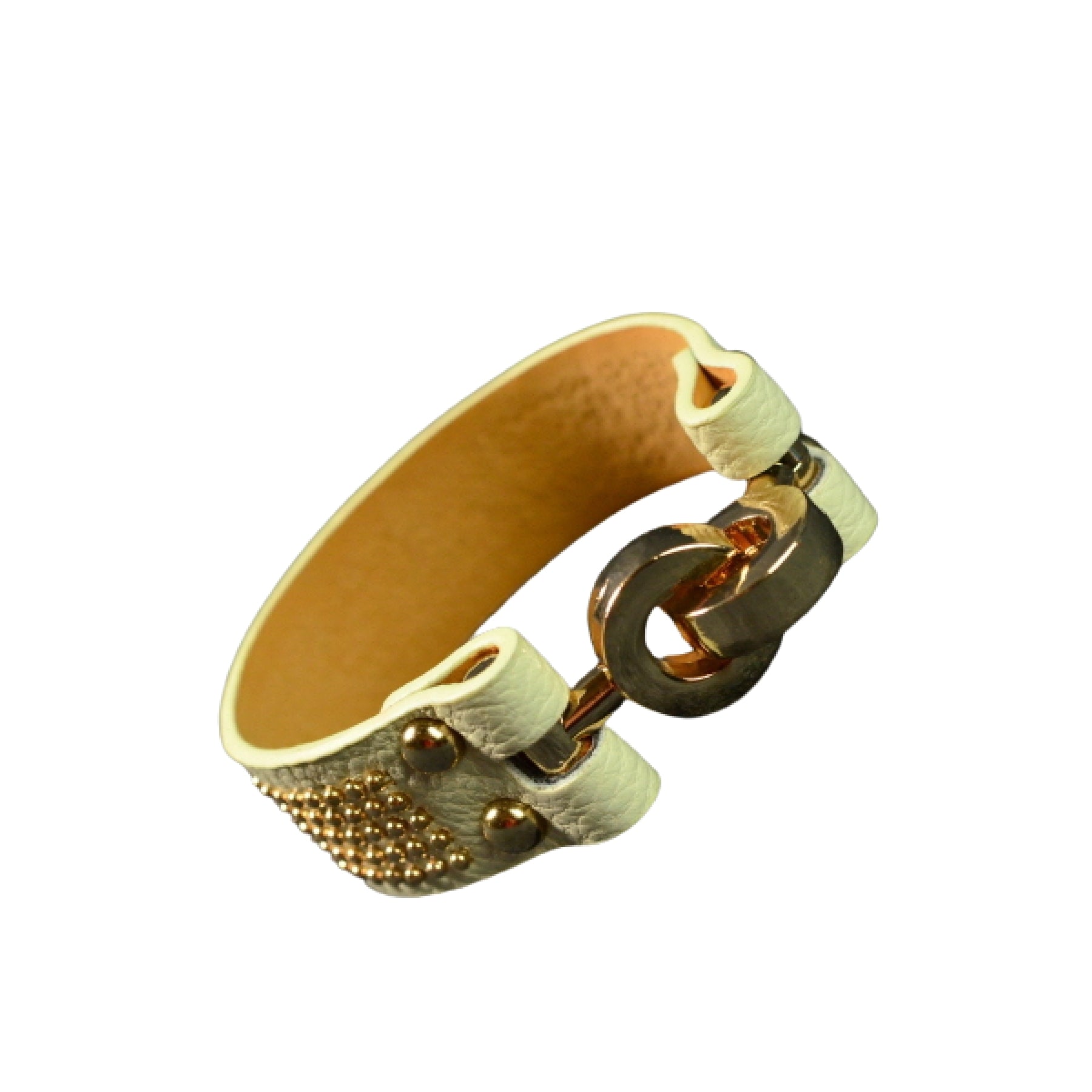 Stylish studded leather bracelet with double plating, showcasing a chic design suitable for various occasions.