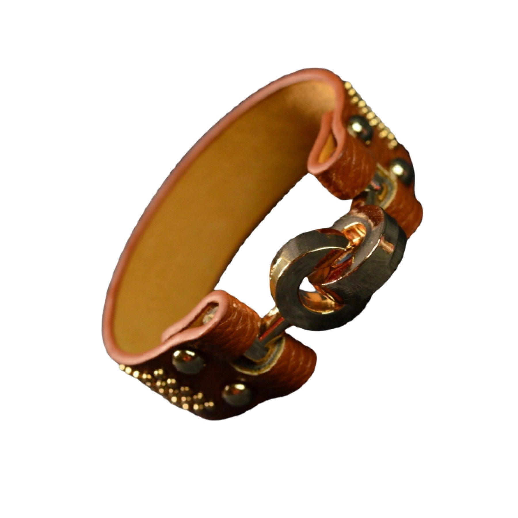 Stylish studded leather bracelet with double plating, showcasing a chic design suitable for various occasions.