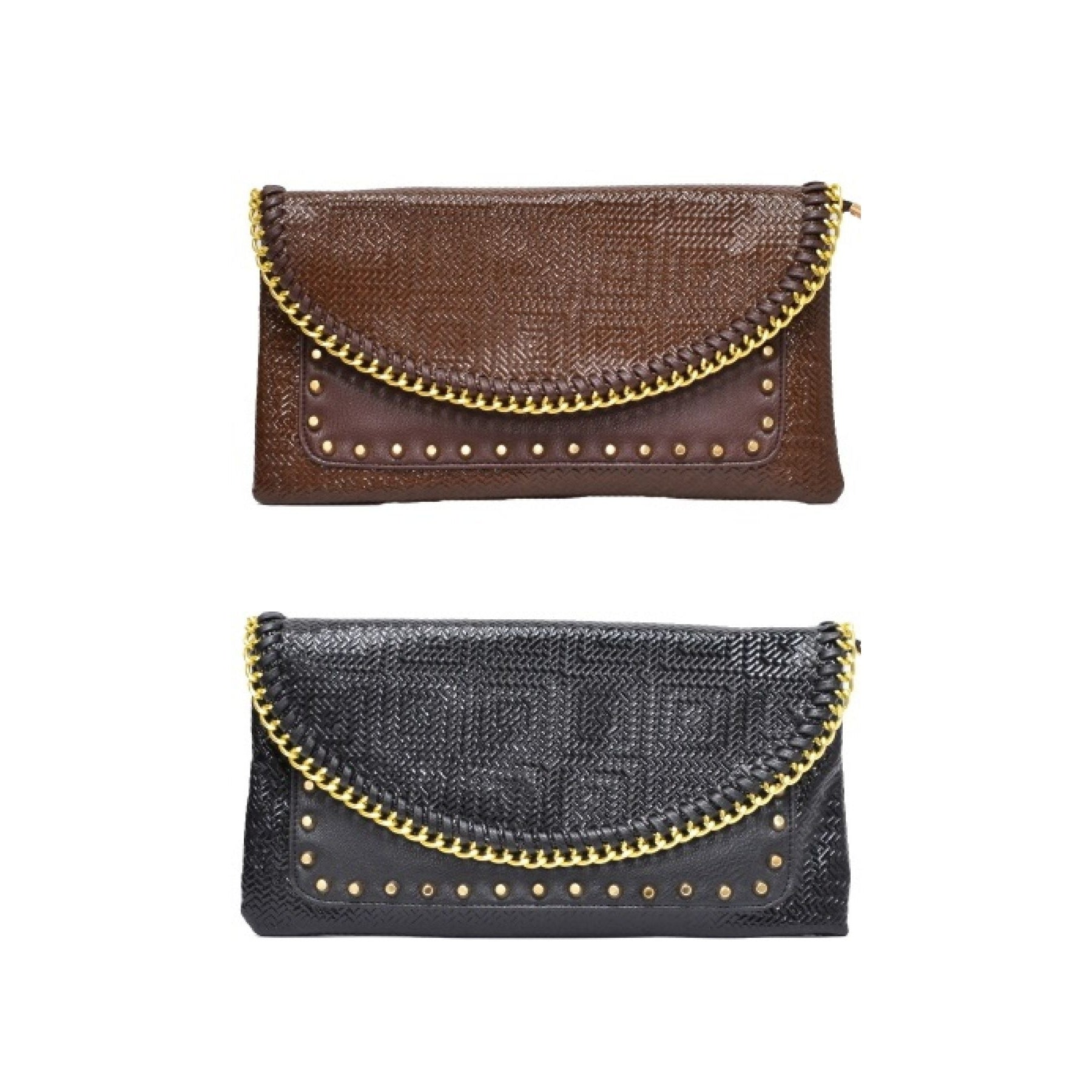 Stylish Studded Metal Chain Cover Clutch with gold tone hardware and detachable strap.