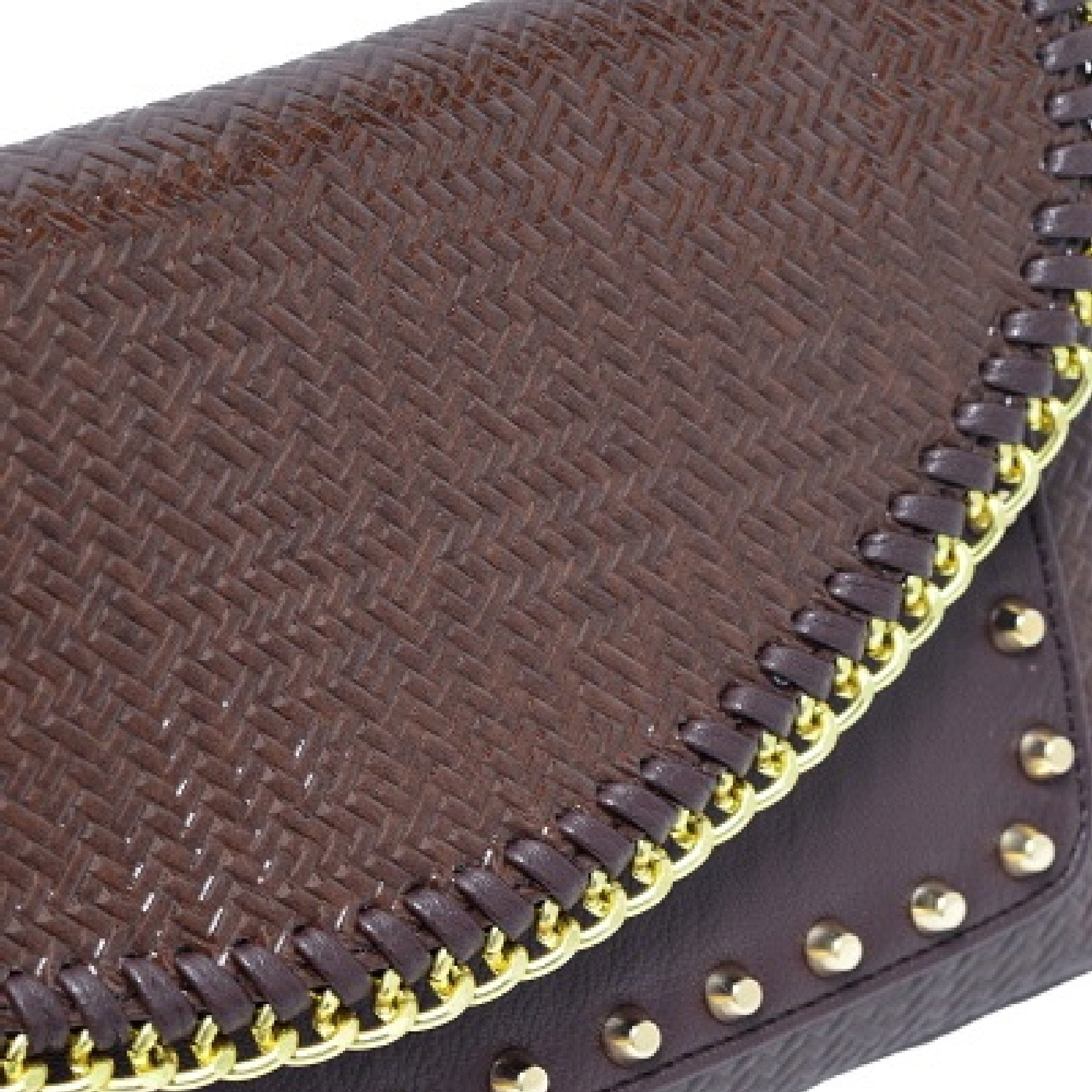 Stylish Studded Metal Chain Cover Clutch with gold tone hardware and detachable strap.