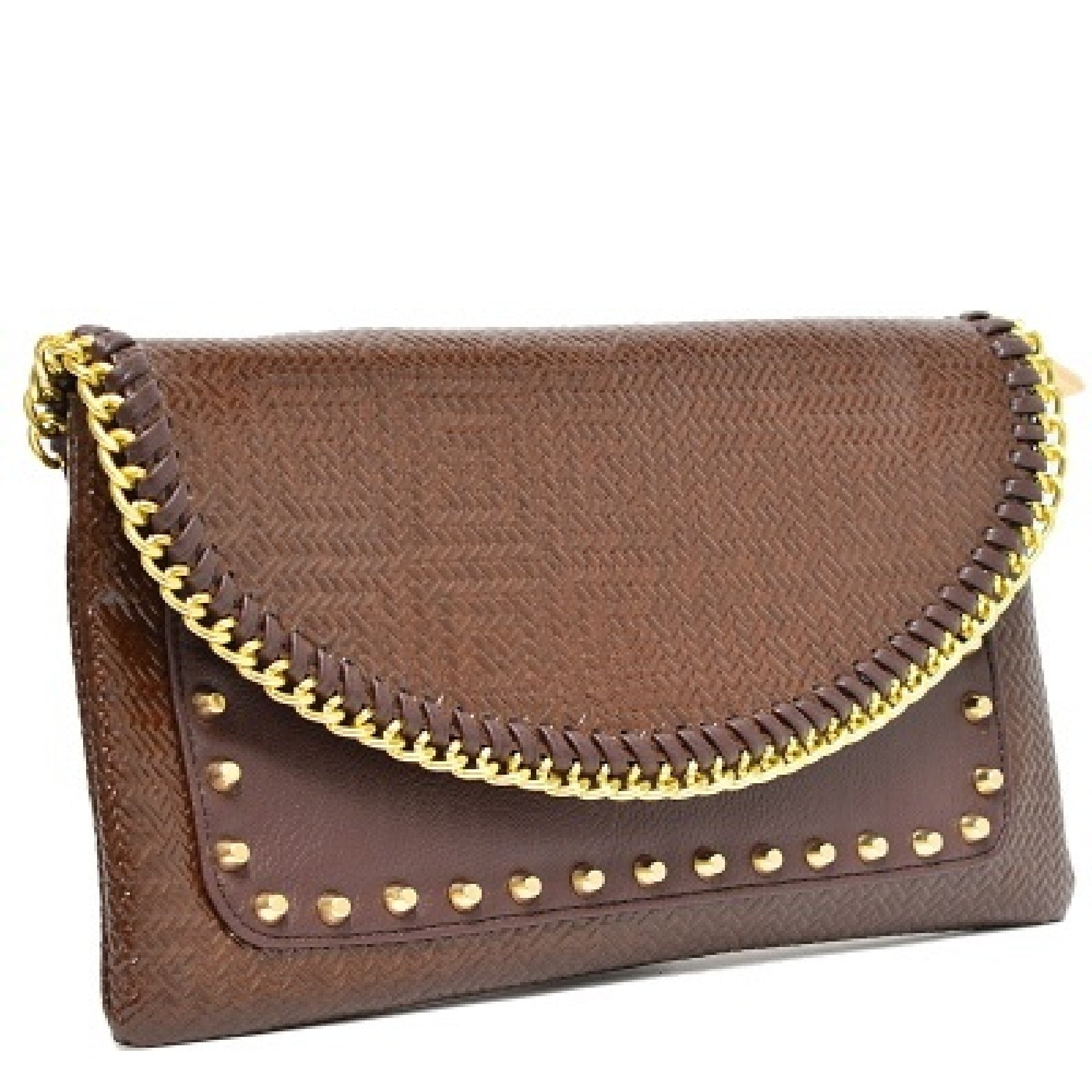 Stylish Studded Metal Chain Cover Clutch with gold tone hardware and detachable strap.