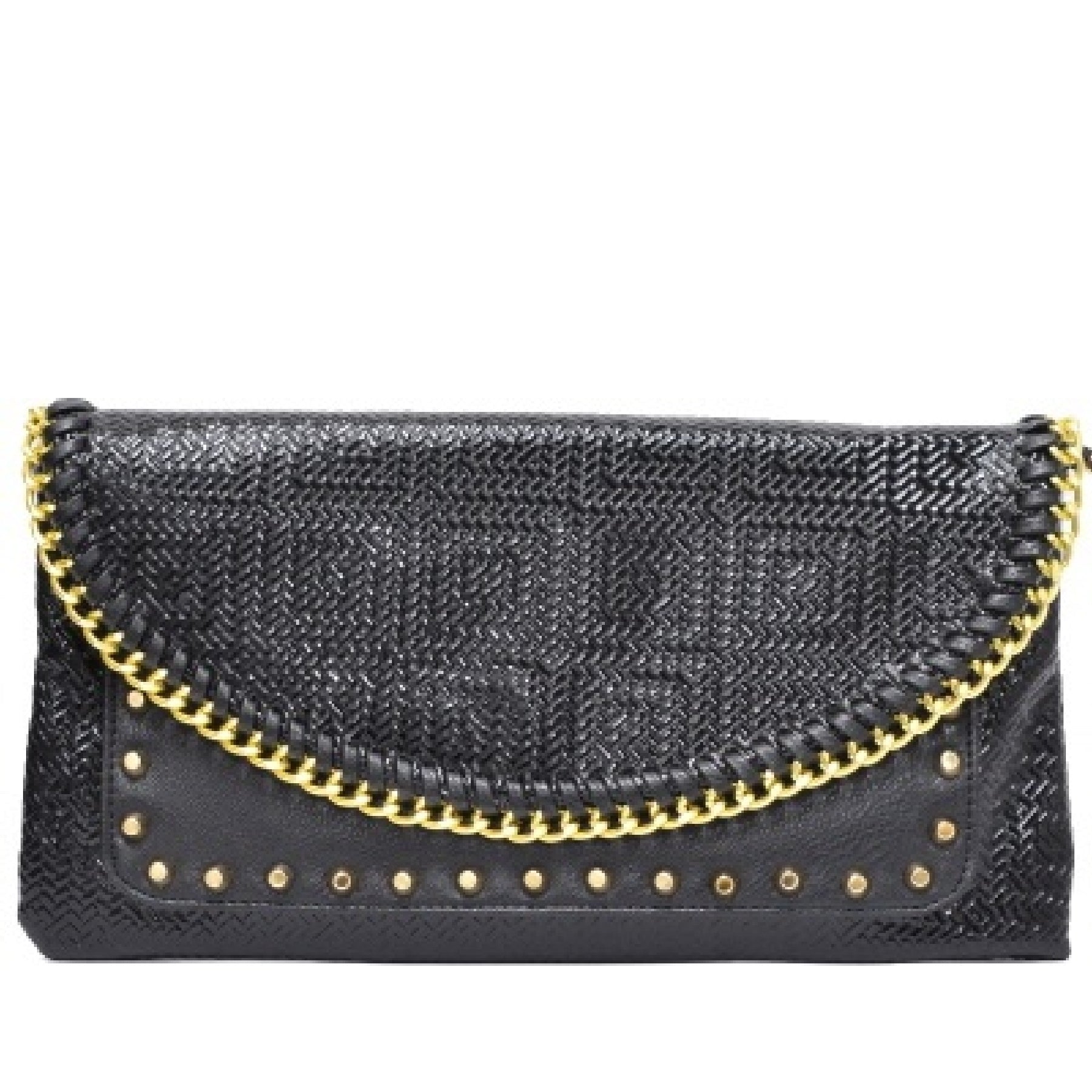 Stylish Studded Metal Chain Cover Clutch with gold tone hardware and detachable strap.