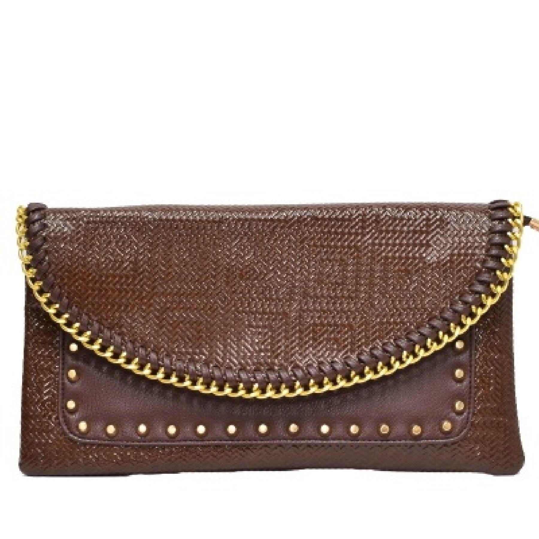 Stylish Studded Metal Chain Cover Clutch with gold tone hardware and detachable strap.