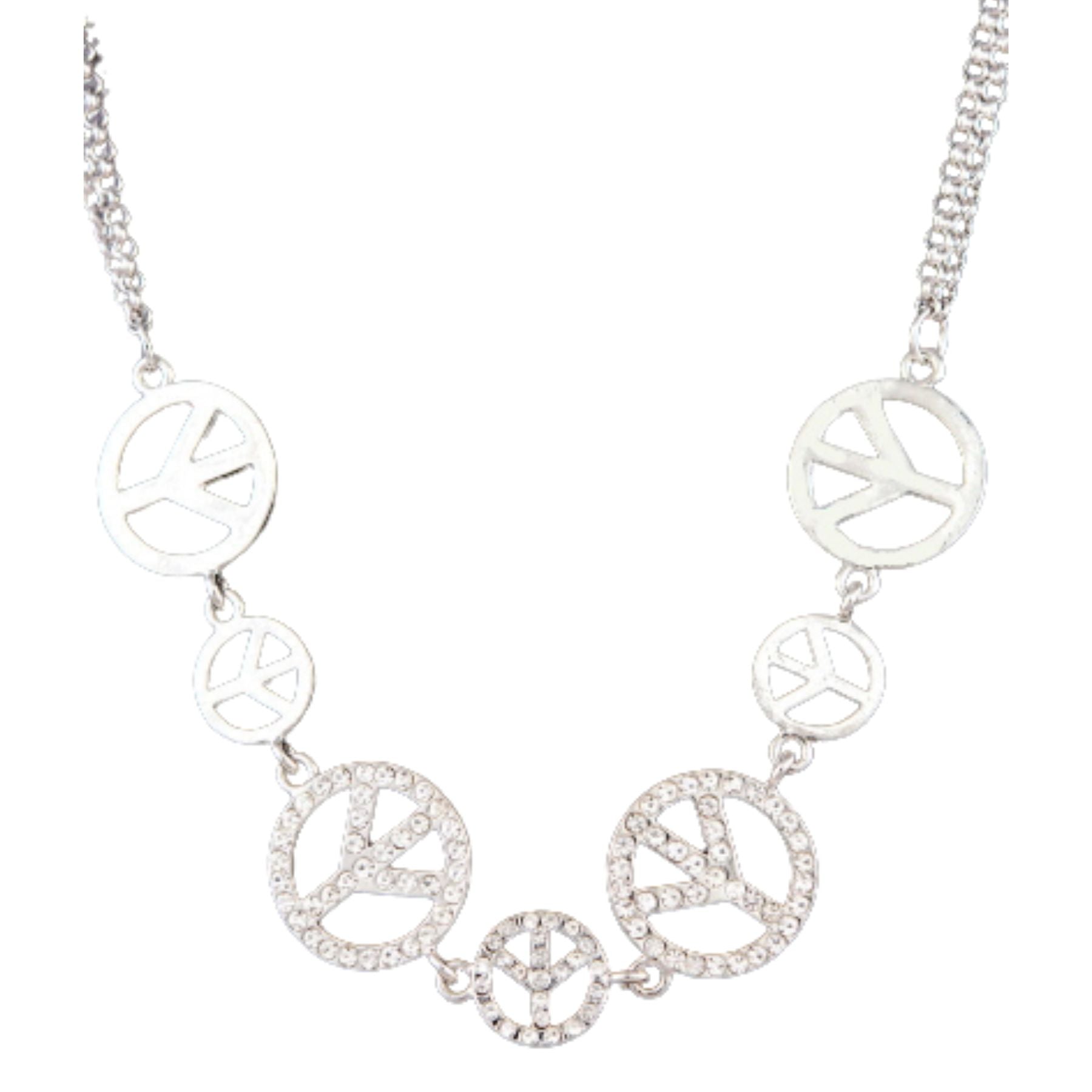 A stylish studded peace sign link necklace with double plating and an adjustable chain, showcasing a modern design.