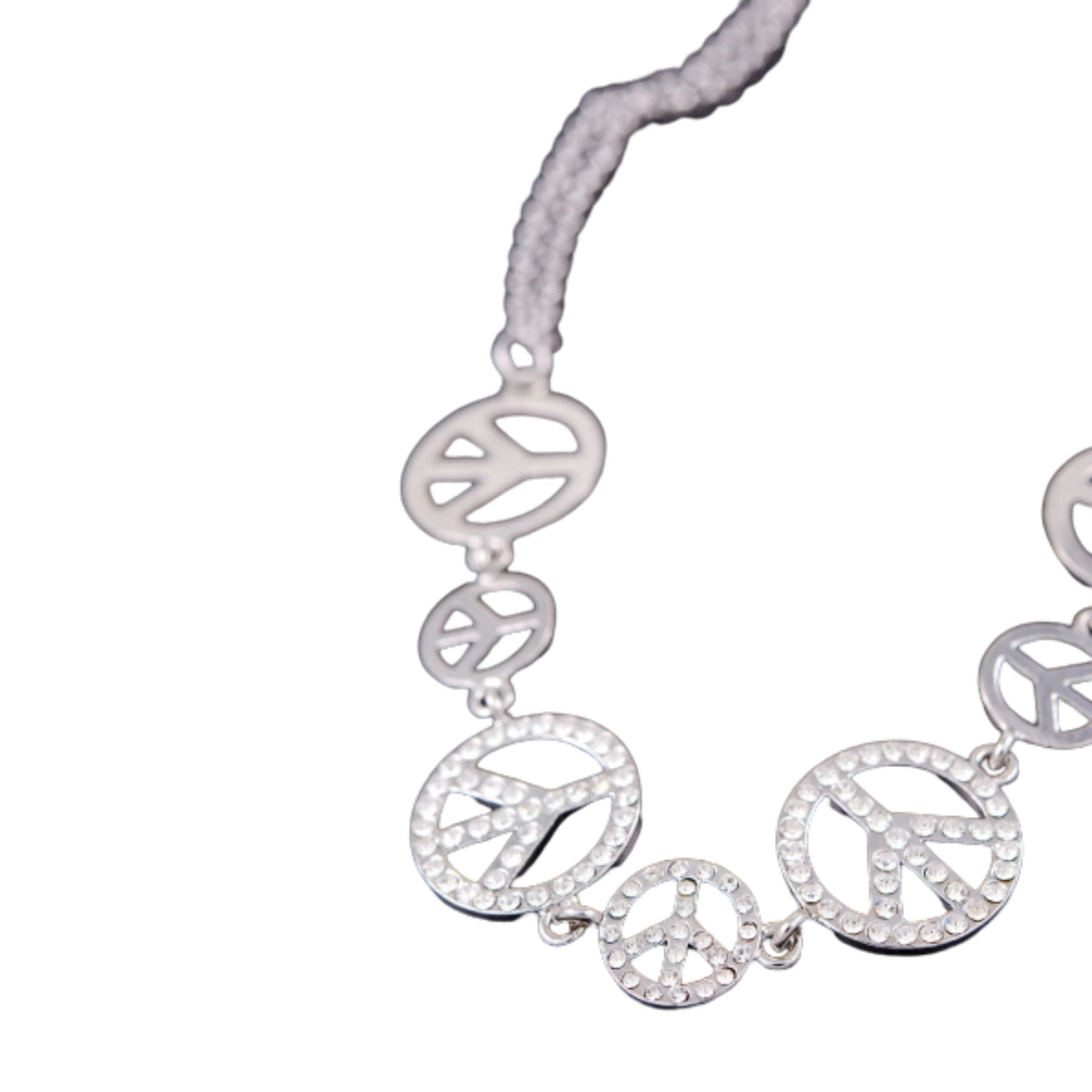 A stylish studded peace sign link necklace with double plating and an adjustable chain, showcasing a modern design.