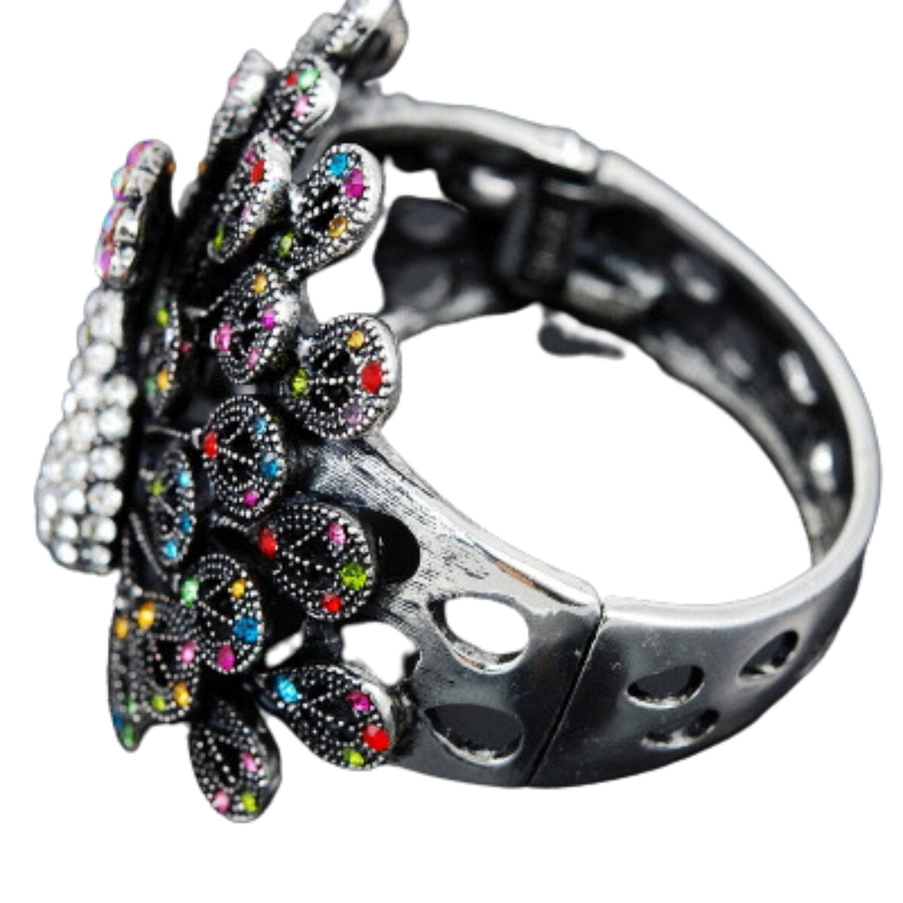 A stylish studded peacock metal cuff bracelet with intricate design and vibrant colors, featuring a secure spring snap closure.