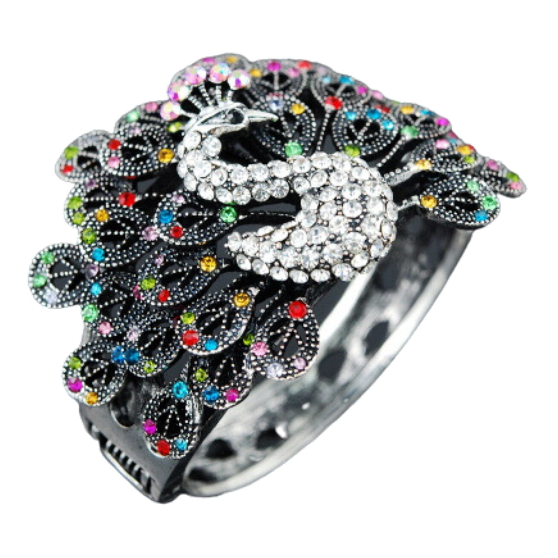 A stylish studded peacock metal cuff bracelet with intricate design and vibrant colors, featuring a secure spring snap closure.