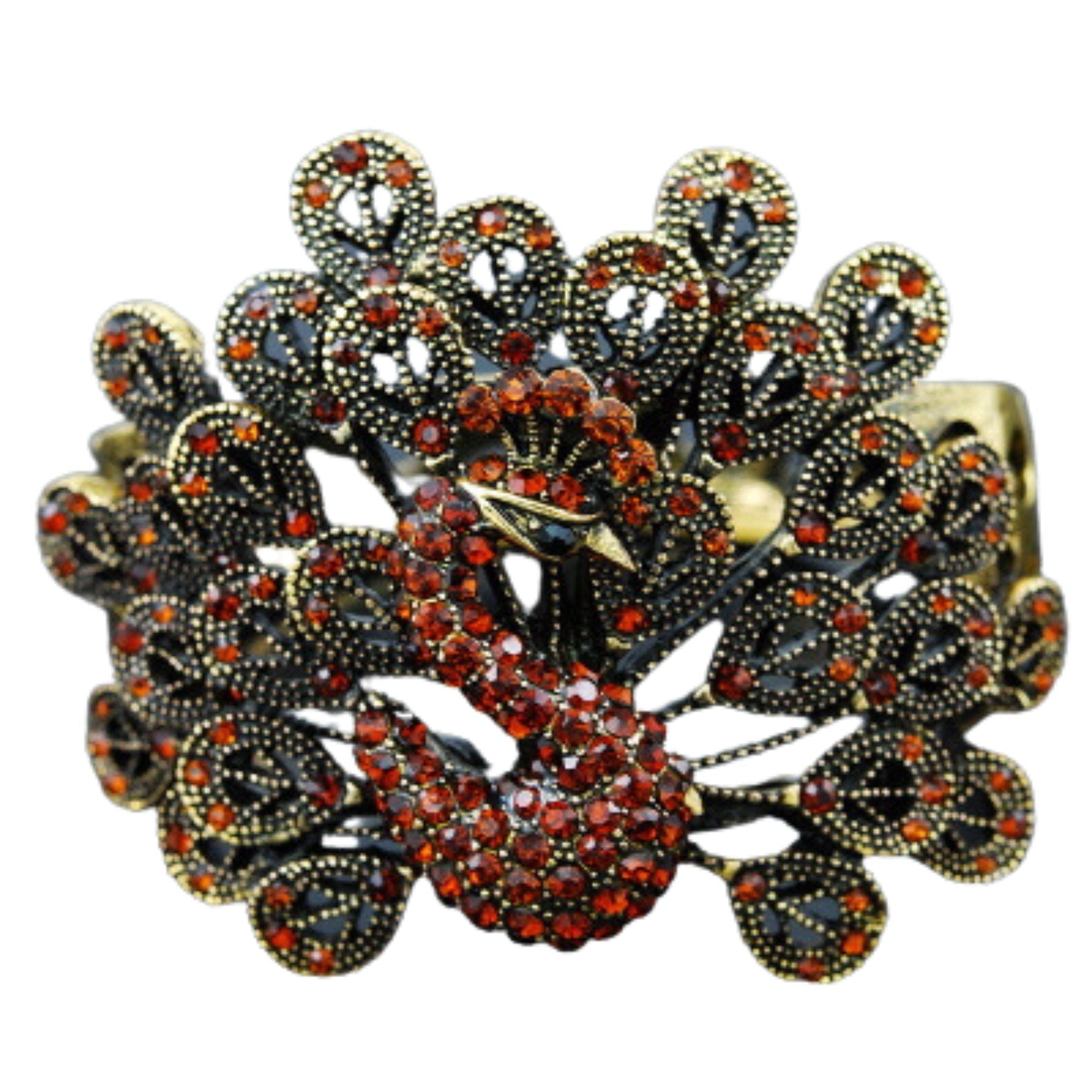 A stylish studded peacock metal cuff bracelet with intricate design and vibrant colors, featuring a secure spring snap closure.