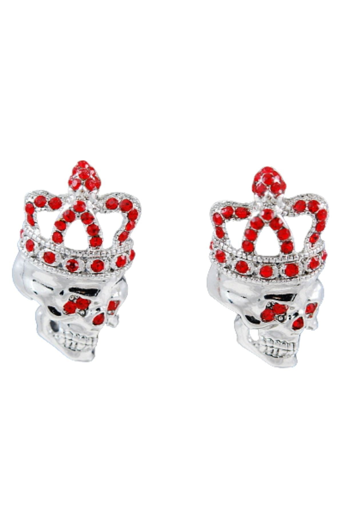 A pair of stylish studded skull earrings with double plating and post back closure, featuring a bold skull design.