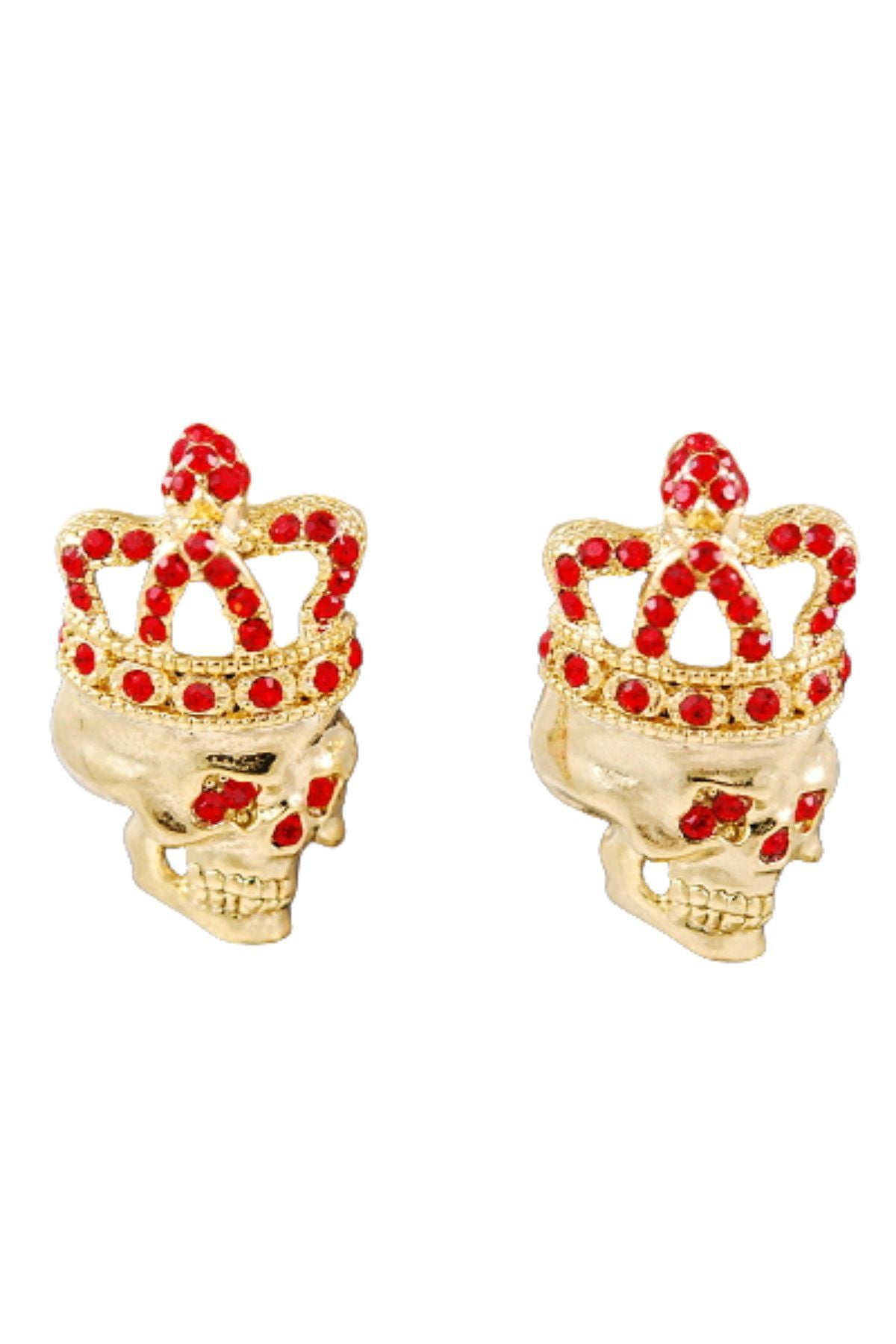 A pair of stylish studded skull earrings with double plating and post back closure, featuring a bold skull design.