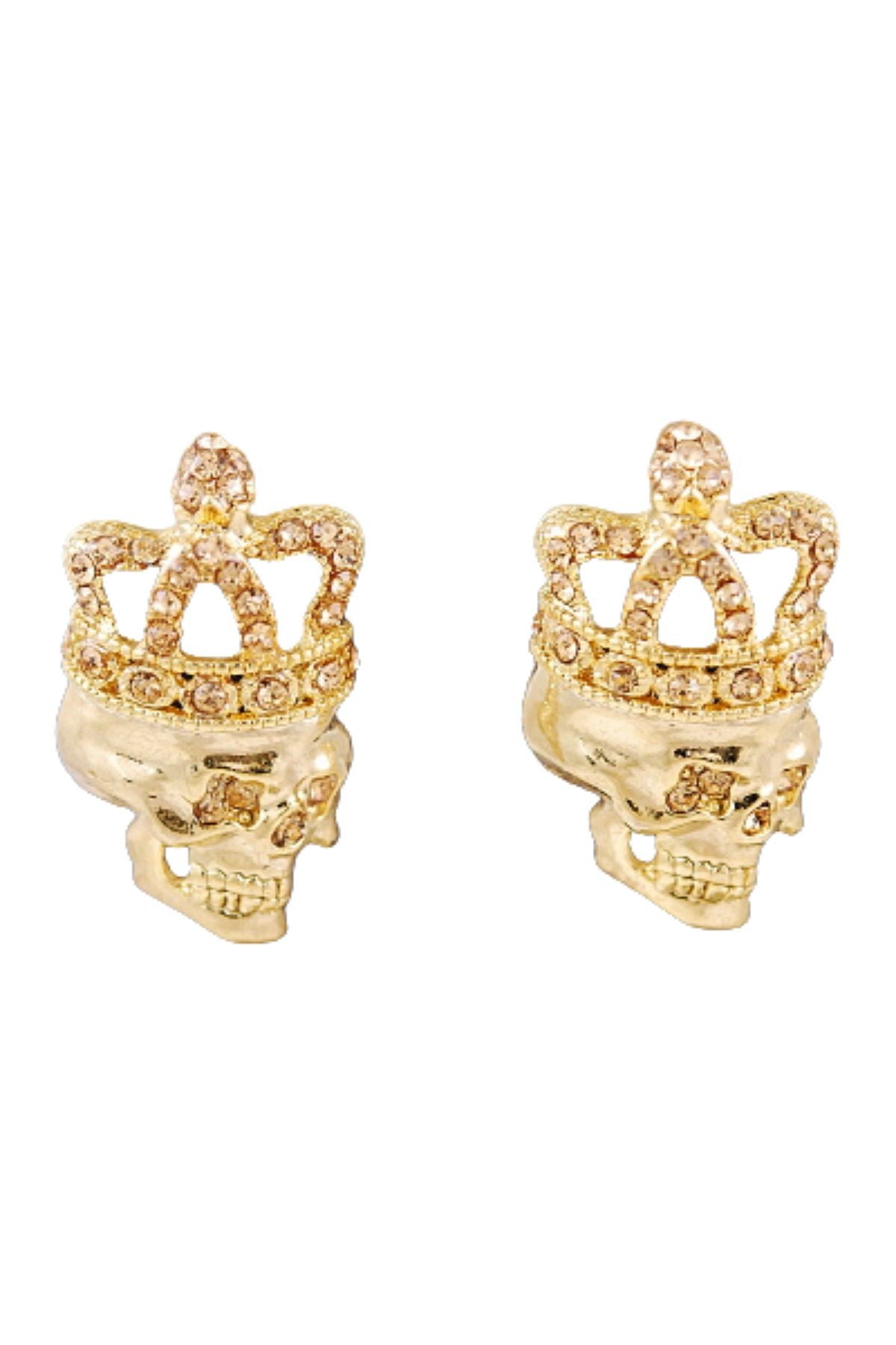 A pair of stylish studded skull earrings with double plating and post back closure, featuring a bold skull design.