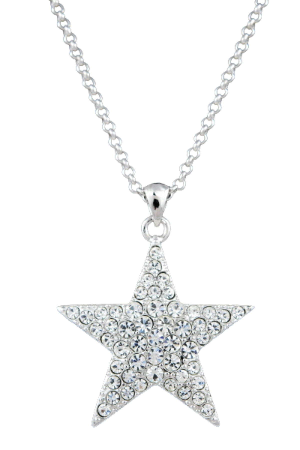 A beautiful studded star pendant necklace with a double plated finish, featuring a 25-inch chain and a 2-inch drop pendant.