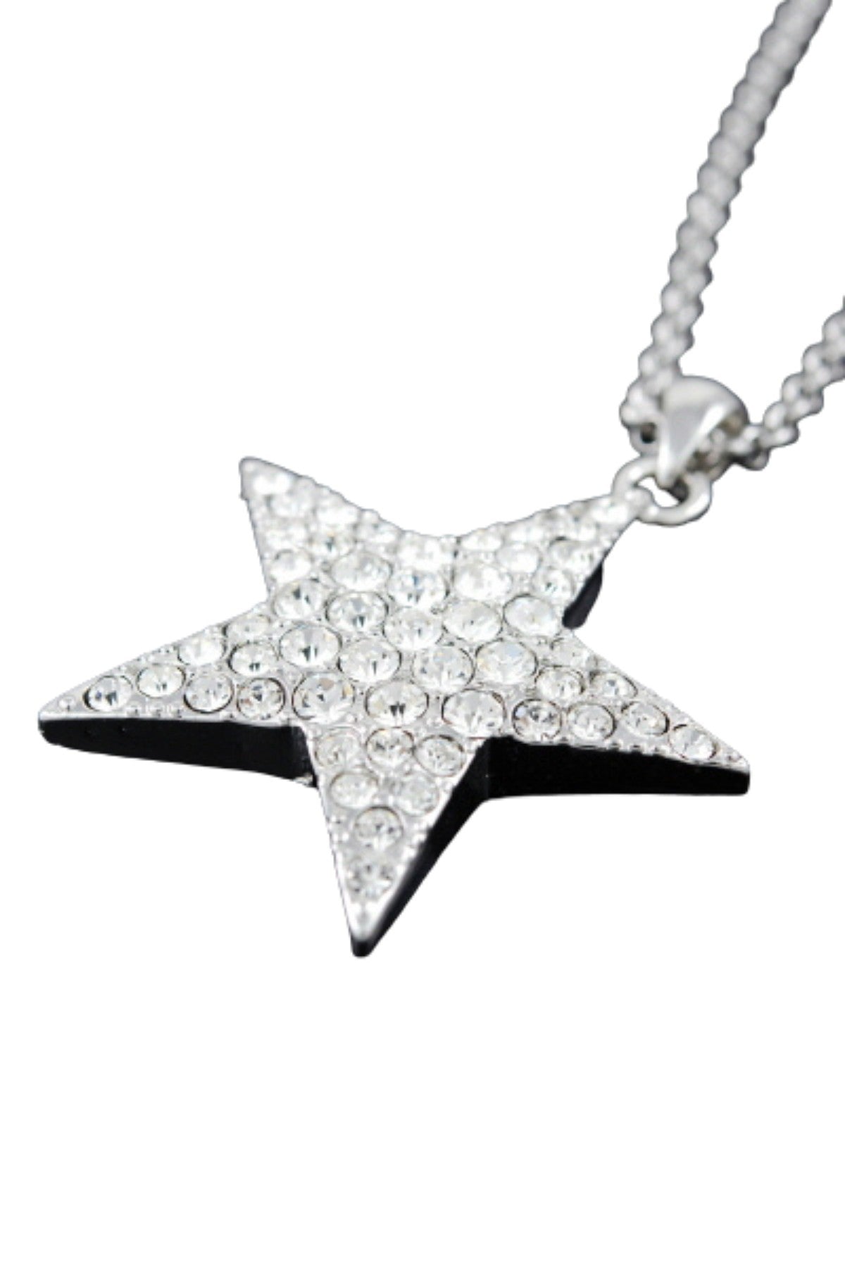 A beautiful studded star pendant necklace with a double plated finish, featuring a 25-inch chain and a 2-inch drop pendant.