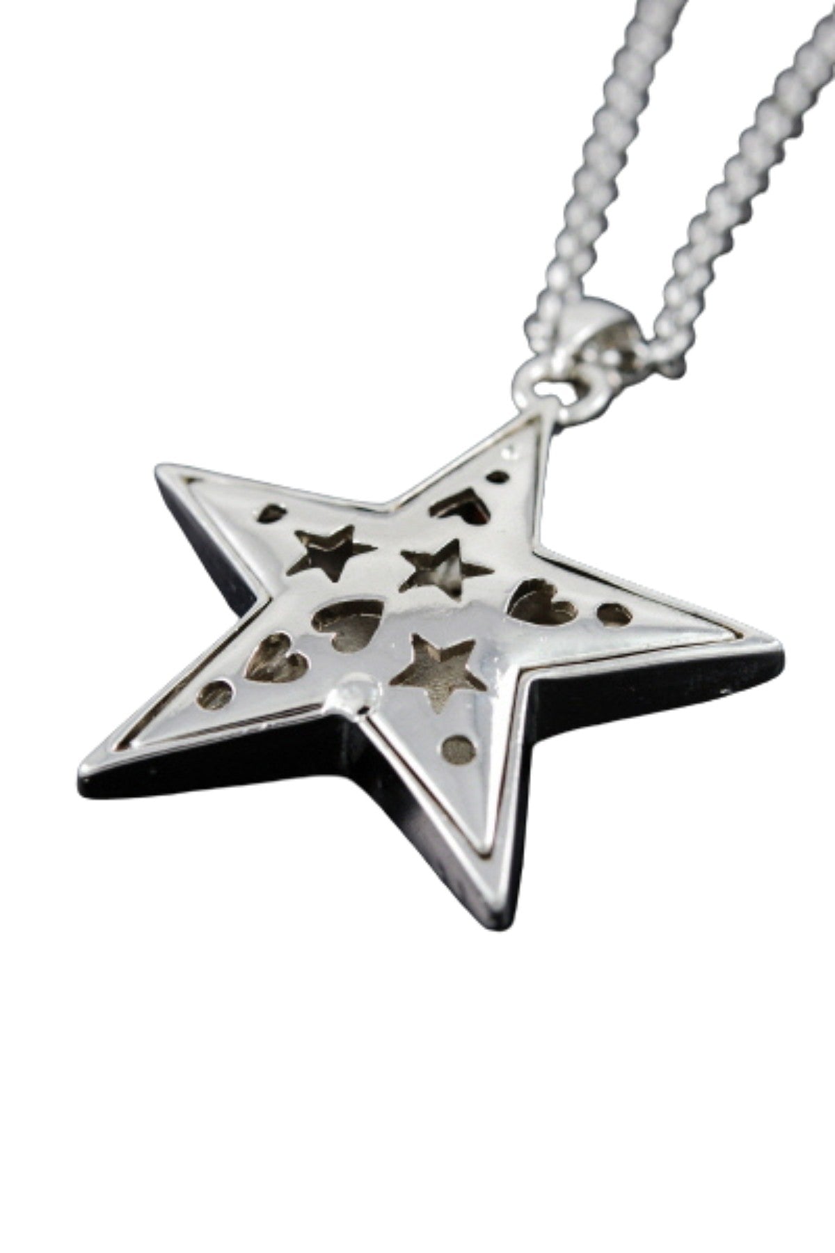 A beautiful studded star pendant necklace with a double plated finish, featuring a 25-inch chain and a 2-inch drop pendant.