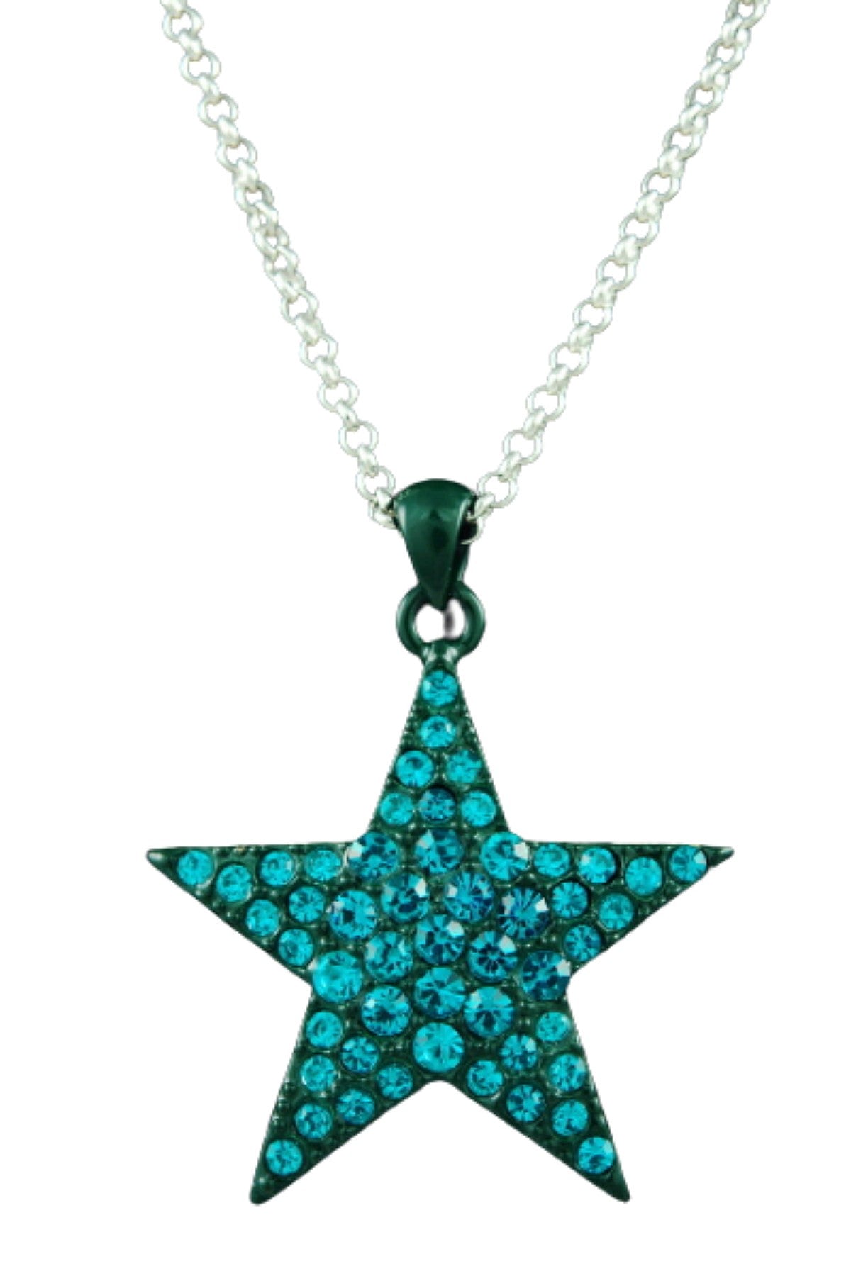 A beautiful studded star pendant necklace with a double plated finish, featuring a 25-inch chain and a 2-inch drop pendant.