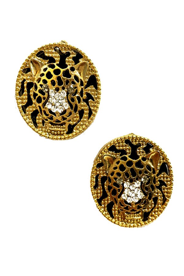 Studded tiger mask round earrings with intricate design and double plating, showcasing a bold and stylish look.