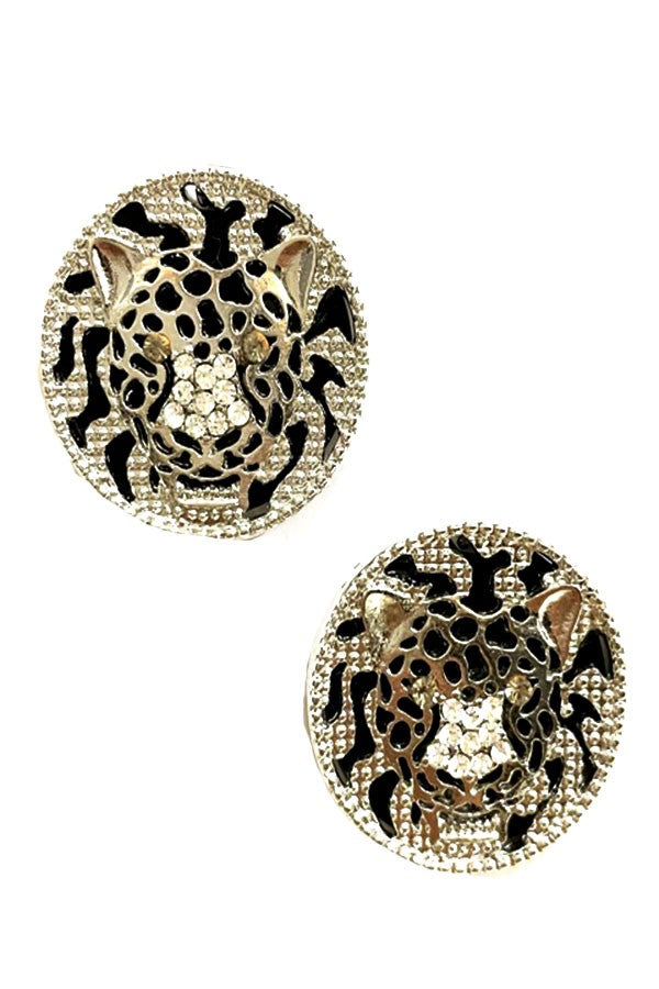 Studded tiger mask round earrings with intricate design and double plating, showcasing a bold and stylish look.