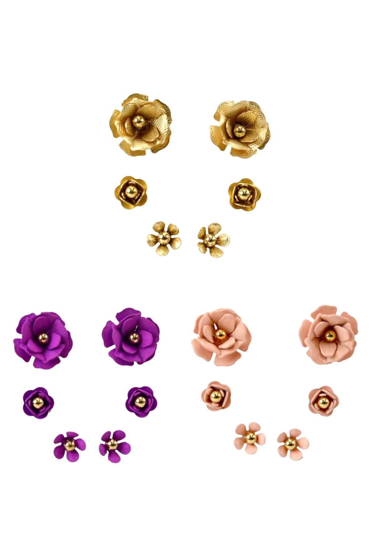 A beautiful set of three flower stud earrings, showcasing intricate designs and a secure post back closure, perfect for any occasion.