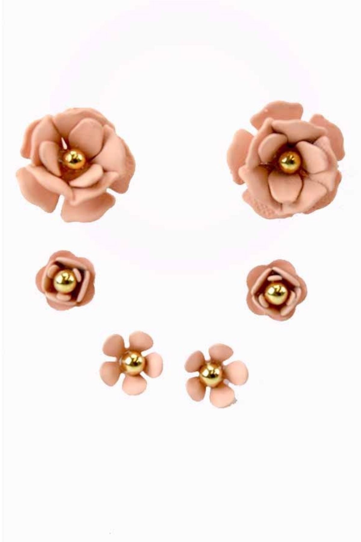 A beautiful set of three flower stud earrings, showcasing intricate designs and a secure post back closure, perfect for any occasion.