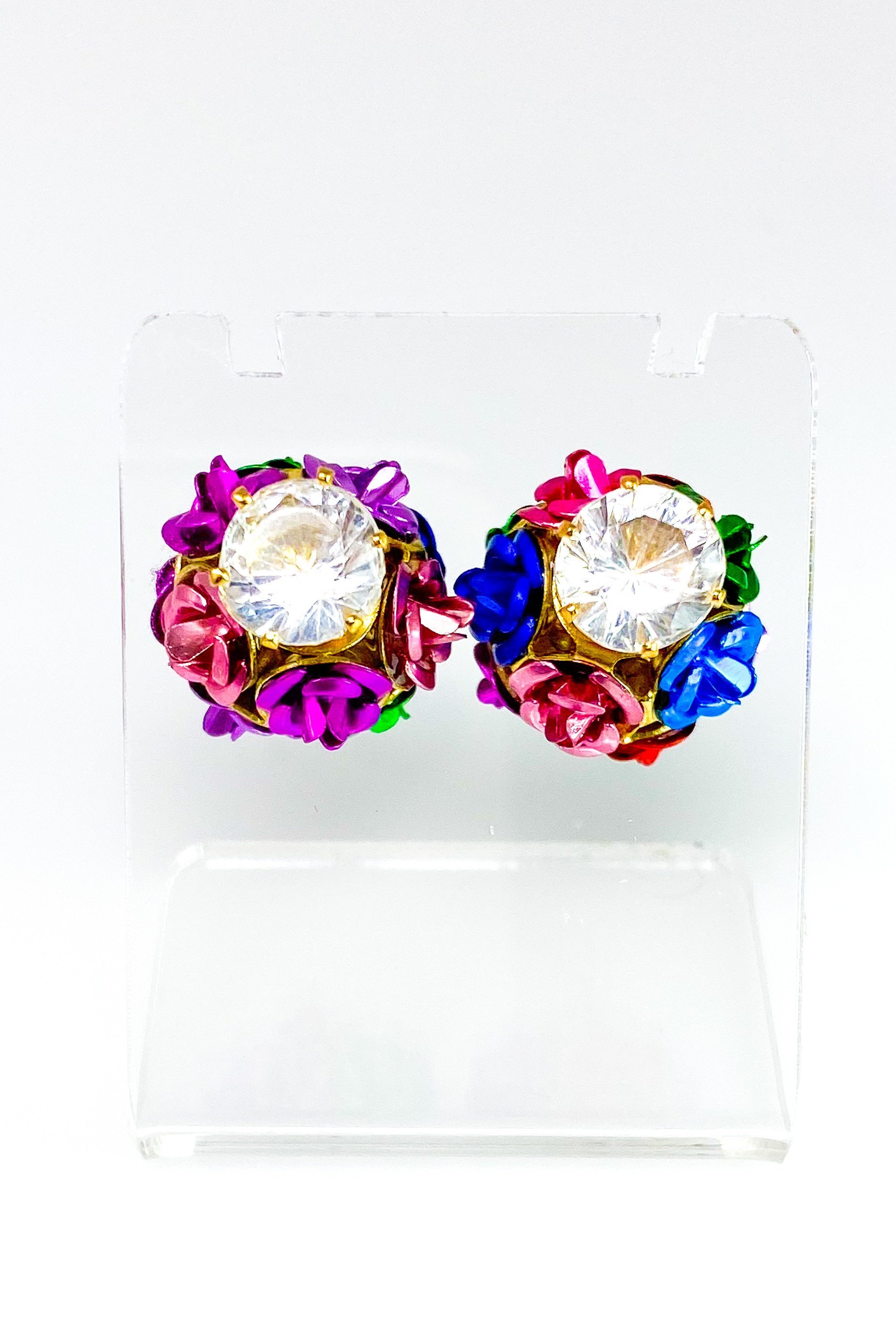 Elegant Flower Blossoms Studs featuring a diamond stud and a floral back design, available in gold and multi-colored options.