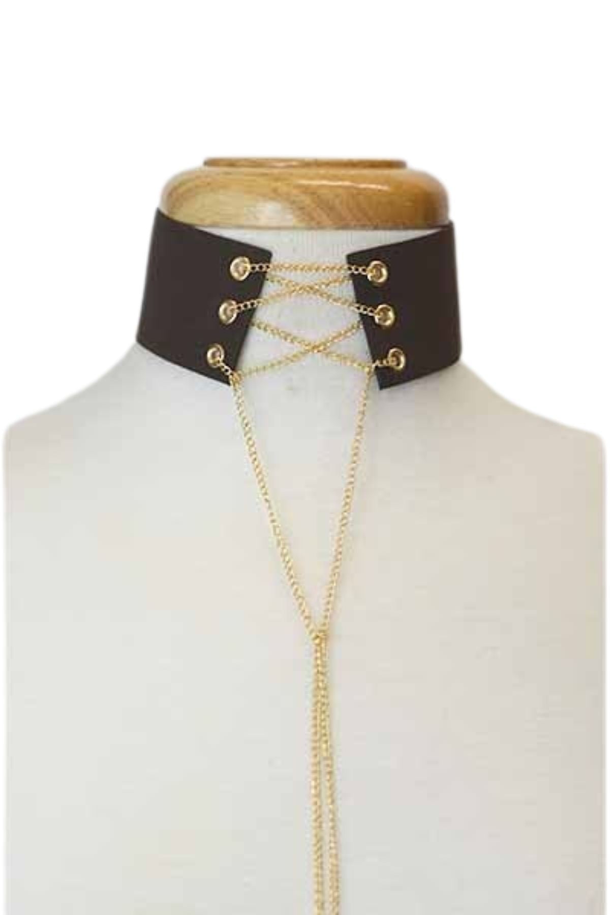 A stylish suede chain lace-up choker necklace featuring a lobster claw clasp and adjustable length, perfect for any outfit.