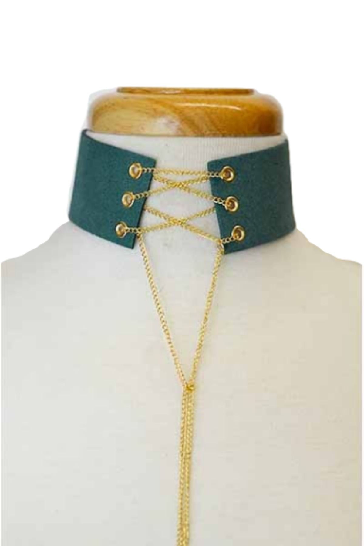 A stylish suede chain lace-up choker necklace featuring a lobster claw clasp and adjustable length, perfect for any outfit.