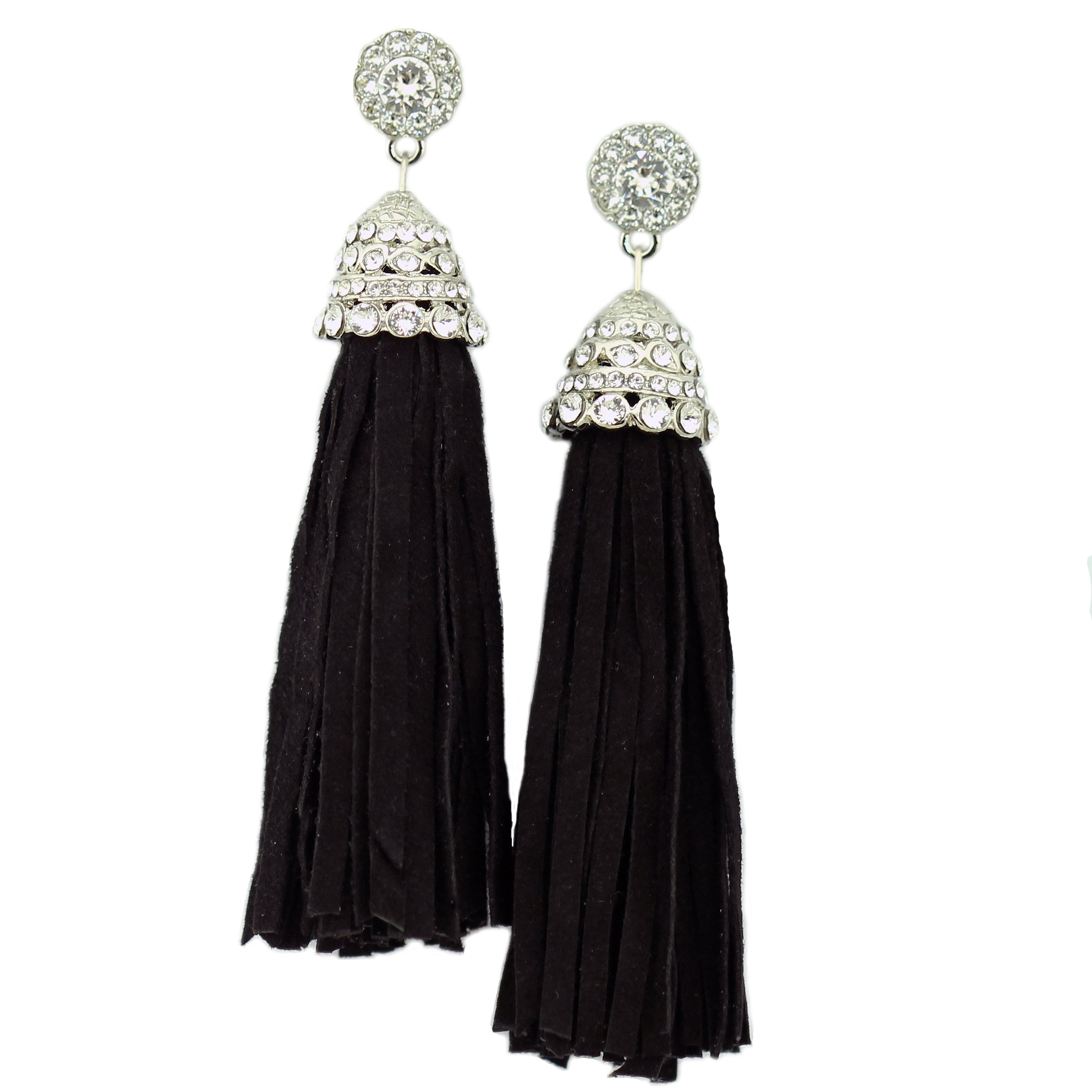 Elegant Suede Tassel Earrings featuring hand-cut suede, rhinestone stud, and Swarovski crystals, displayed in a pink jewelry box.