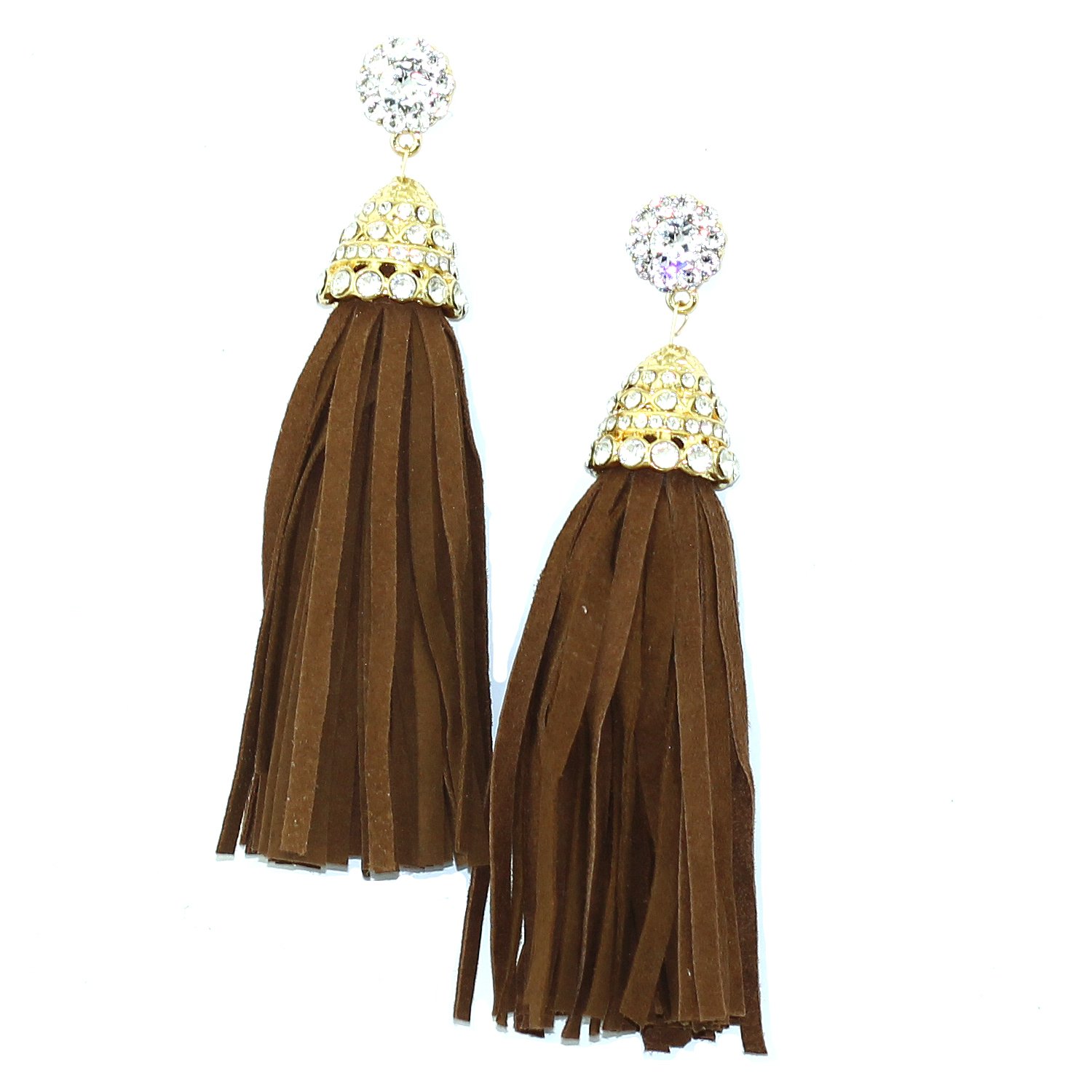 Elegant Suede Tassel Earrings featuring hand-cut suede, rhinestone stud, and Swarovski crystals, displayed in a pink jewelry box.