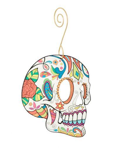 Colorful Sugar Skull Ornament #9951 made from eco-friendly birch wood and recycled paper, featuring intricate designs and a glossy finish.