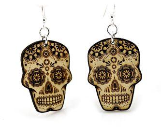 Colorful Sugar Skulls Earrings made from sustainably sourced wood, featuring intricate laser-cut designs and hypoallergenic stainless steel ear wires.