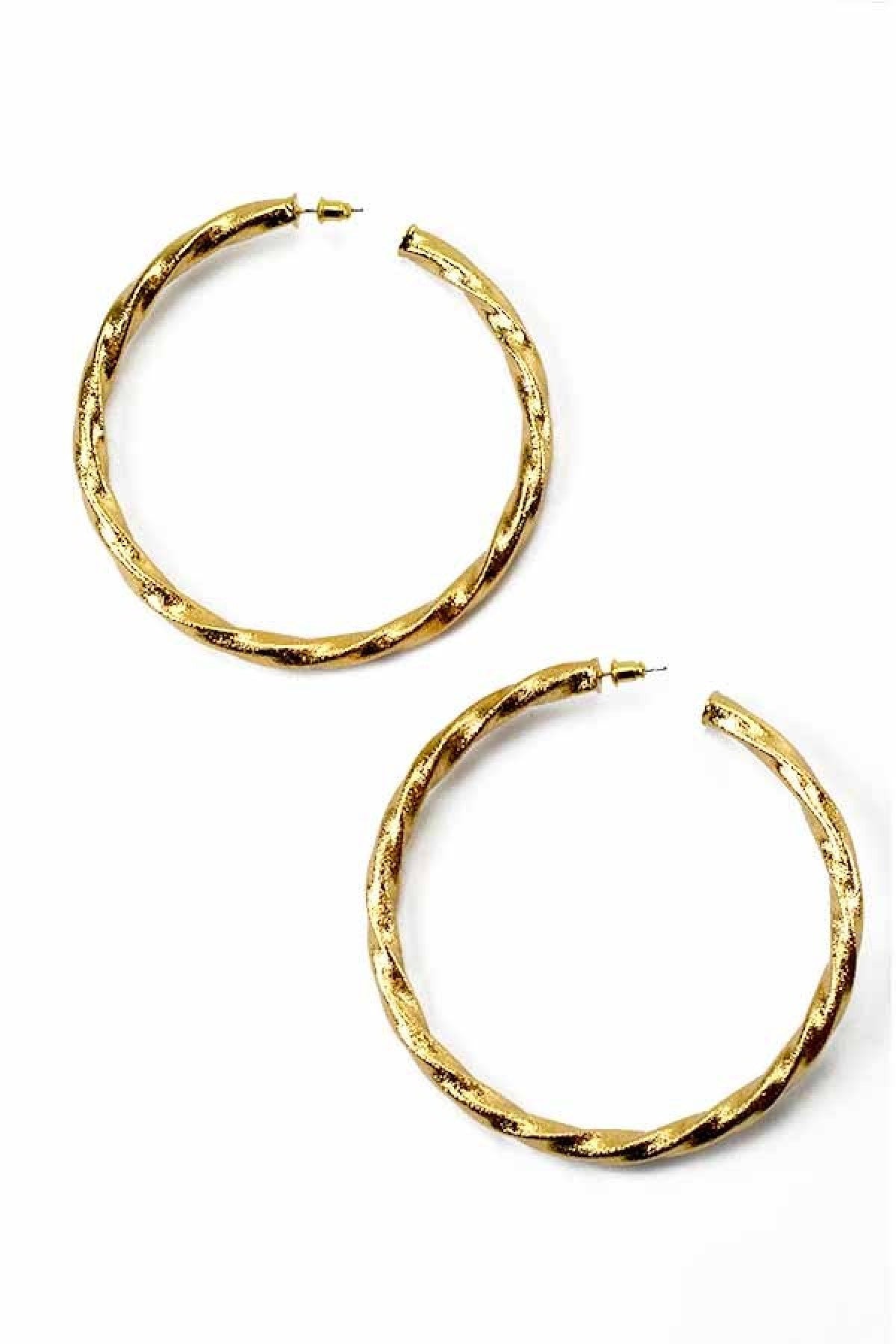 SUGAR TWIST HOOP EARRING featuring a unique twist design, 3.5 inches in diameter, made from lead and nickel compliant materials.