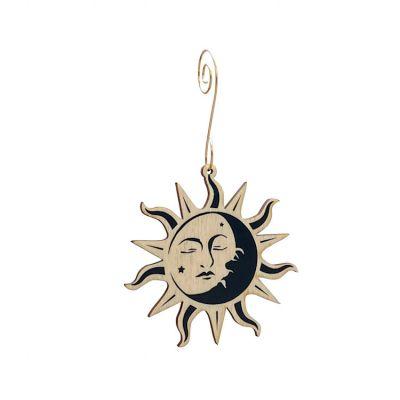 Sun Moon Ornament #T054 made from sustainably sourced wood, featuring a laser-cut design with a natural wood back, perfect for holiday decor.