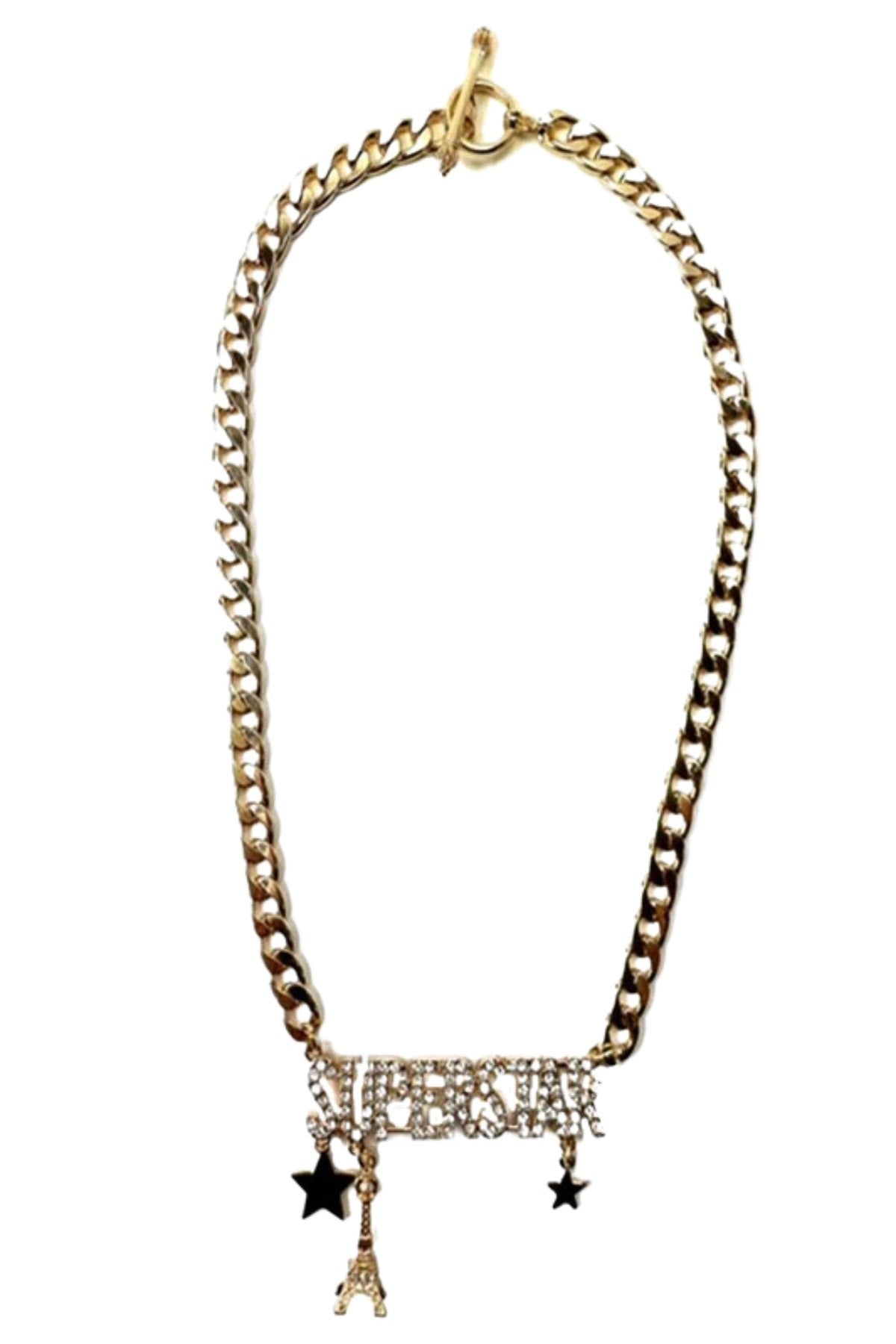 A beautiful SUPER STAR Pendant necklace featuring double plating and sparkling crystals, secured with a toggle clasp.