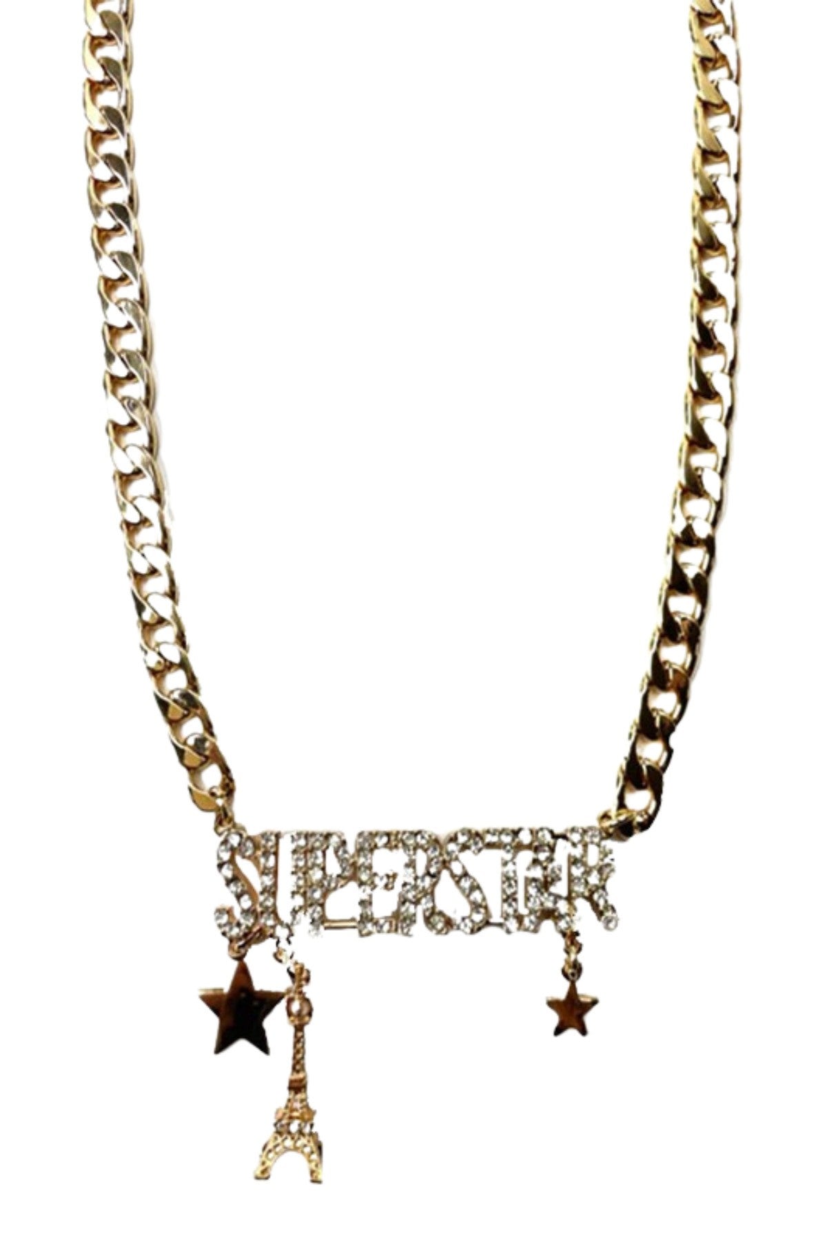 A beautiful SUPER STAR Pendant necklace featuring double plating and sparkling crystals, secured with a toggle clasp.