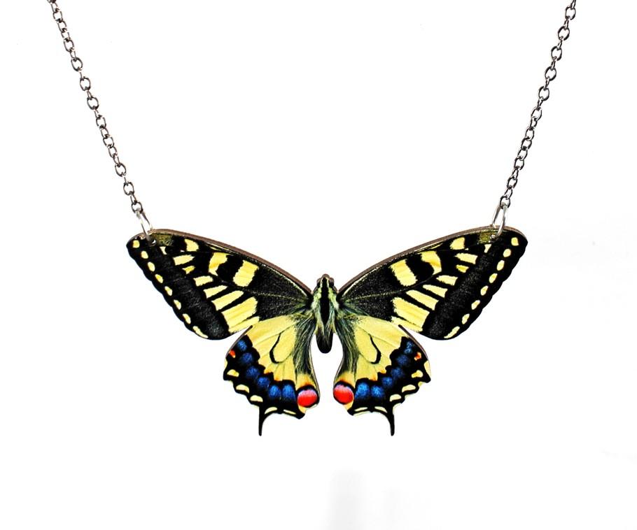 Swallowtail Butterfly Necklace #6100 featuring a laser-cut wooden butterfly design on a stainless steel chain, showcasing eco-friendly craftsmanship.