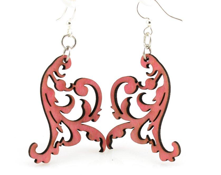 Swaying Vines Earrings #1514 in Cherry Red, featuring intricate ornamental scroll work and hypoallergenic silver-finished ear wires.