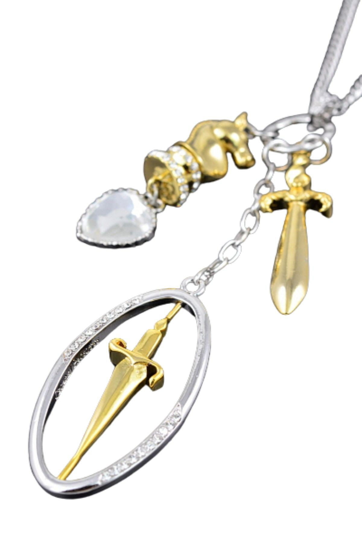 Sword Drop Charm Necklace featuring a double plated design with a unique sword pendant and a 26-inch chain.