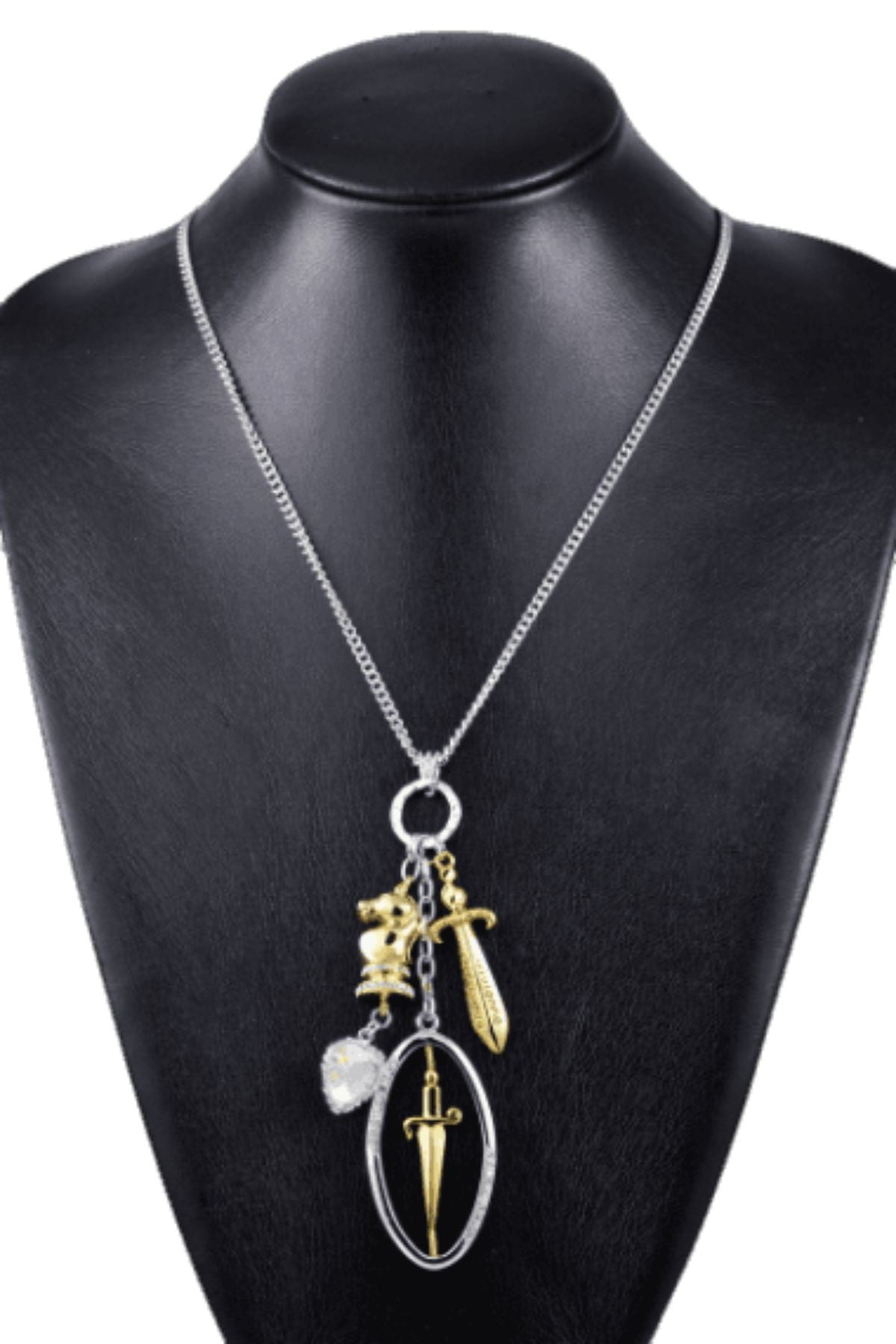 Sword Drop Charm Necklace featuring a double plated design with a unique sword pendant and a 26-inch chain.