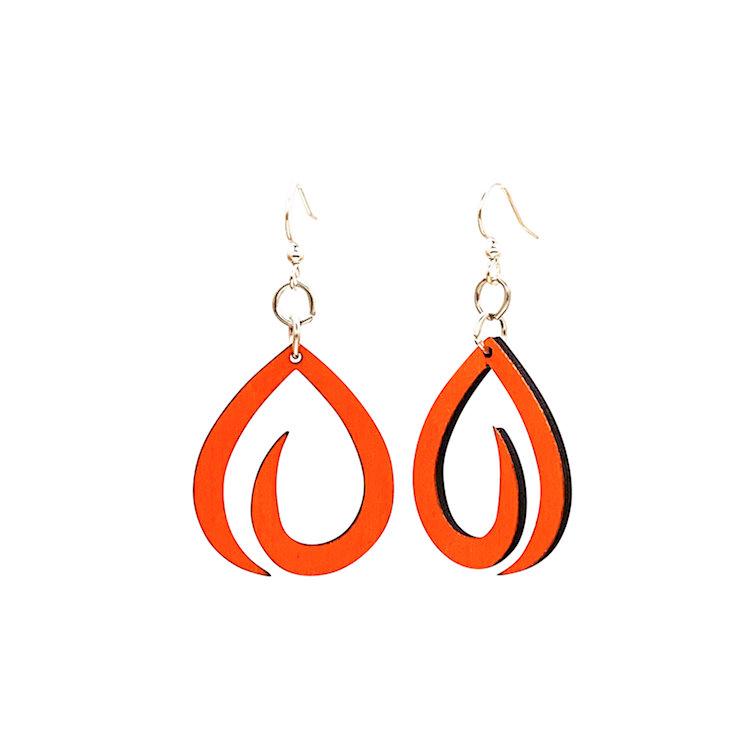 Swoosh Earrings #1451 in vibrant Tangerine color, made from sustainably sourced wood with silver-finished stainless steel ear wires.