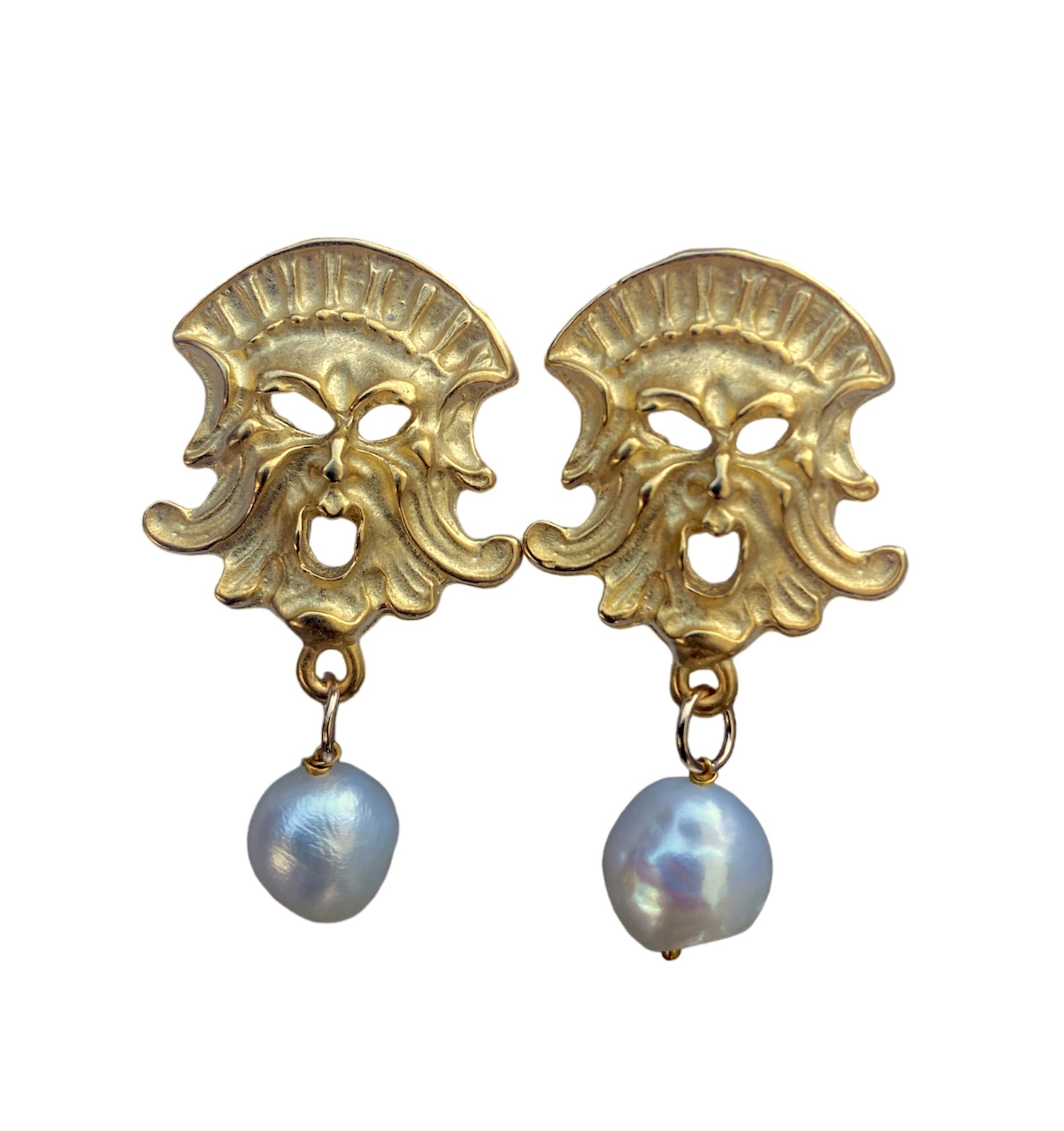 Elegant Taormina Theater Masks earrings featuring gold brass and natural pearls, inspired by ancient Greek-Roman theater.