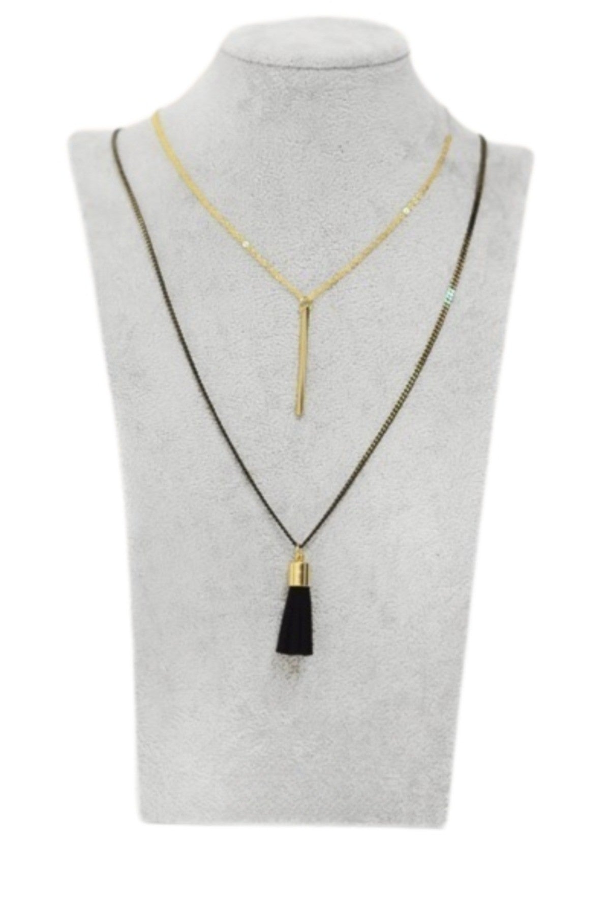 A stylish two-chain layered necklace featuring a metallic bar and a black cord tassel, showcasing a gold and black coating.