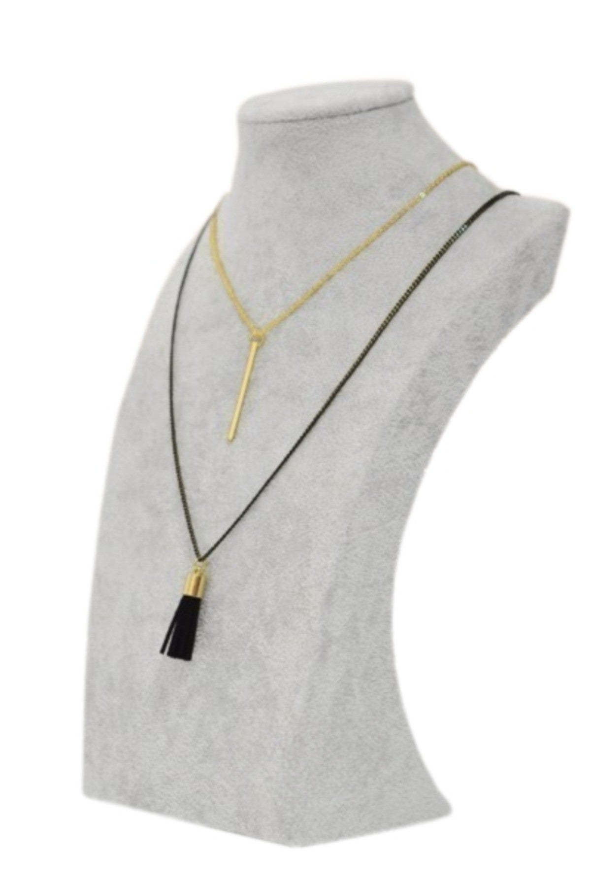 A stylish two-chain layered necklace featuring a metallic bar and a black cord tassel, showcasing a gold and black coating.